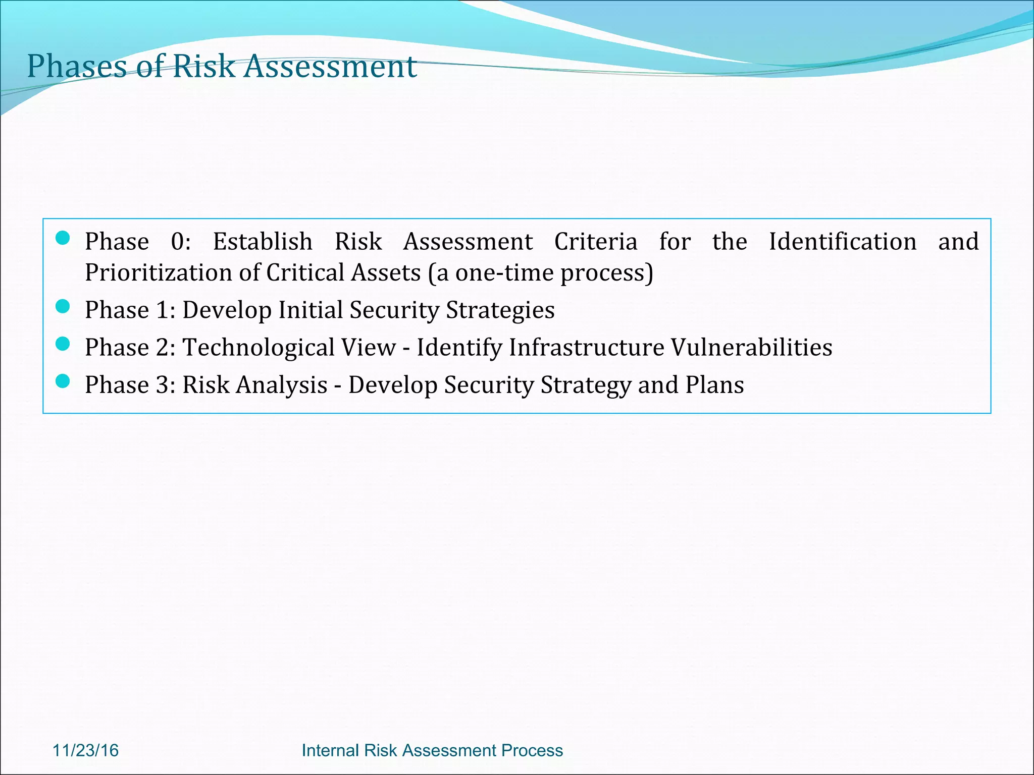 Phases of Risk Assessment
 Phase 0: Establish Risk Assessment Criteria for the Identification and
Prioritization of Critical Assets (a one-time process)
 Phase 1: Develop Initial Security Strategies
 Phase 2: Technological View - Identify Infrastructure Vulnerabilities
 Phase 3: Risk Analysis - Develop Security Strategy and Plans
11/23/16 Internal Risk Assessment Process
 