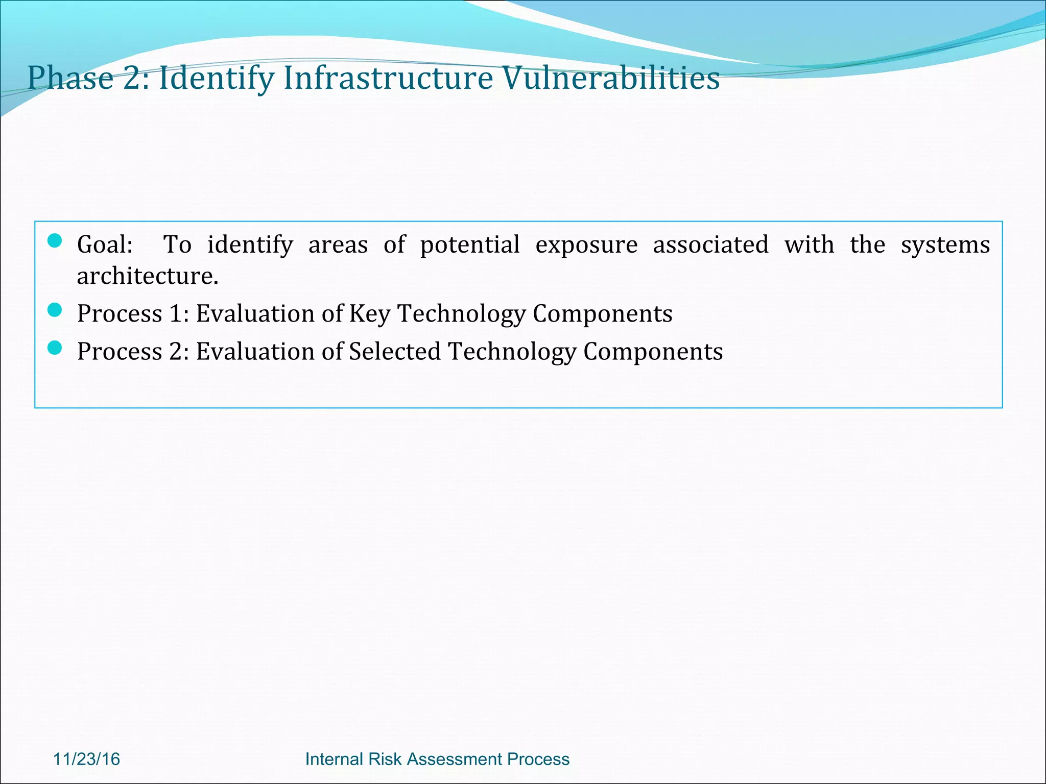 Phase 2: Identify Infrastructure Vulnerabilities
 Goal: To identify areas of potential exposure associated with the systems
architecture.
 Process 1: Evaluation of Key Technology Components
 Process 2: Evaluation of Selected Technology Components
11/23/16 Internal Risk Assessment Process
 