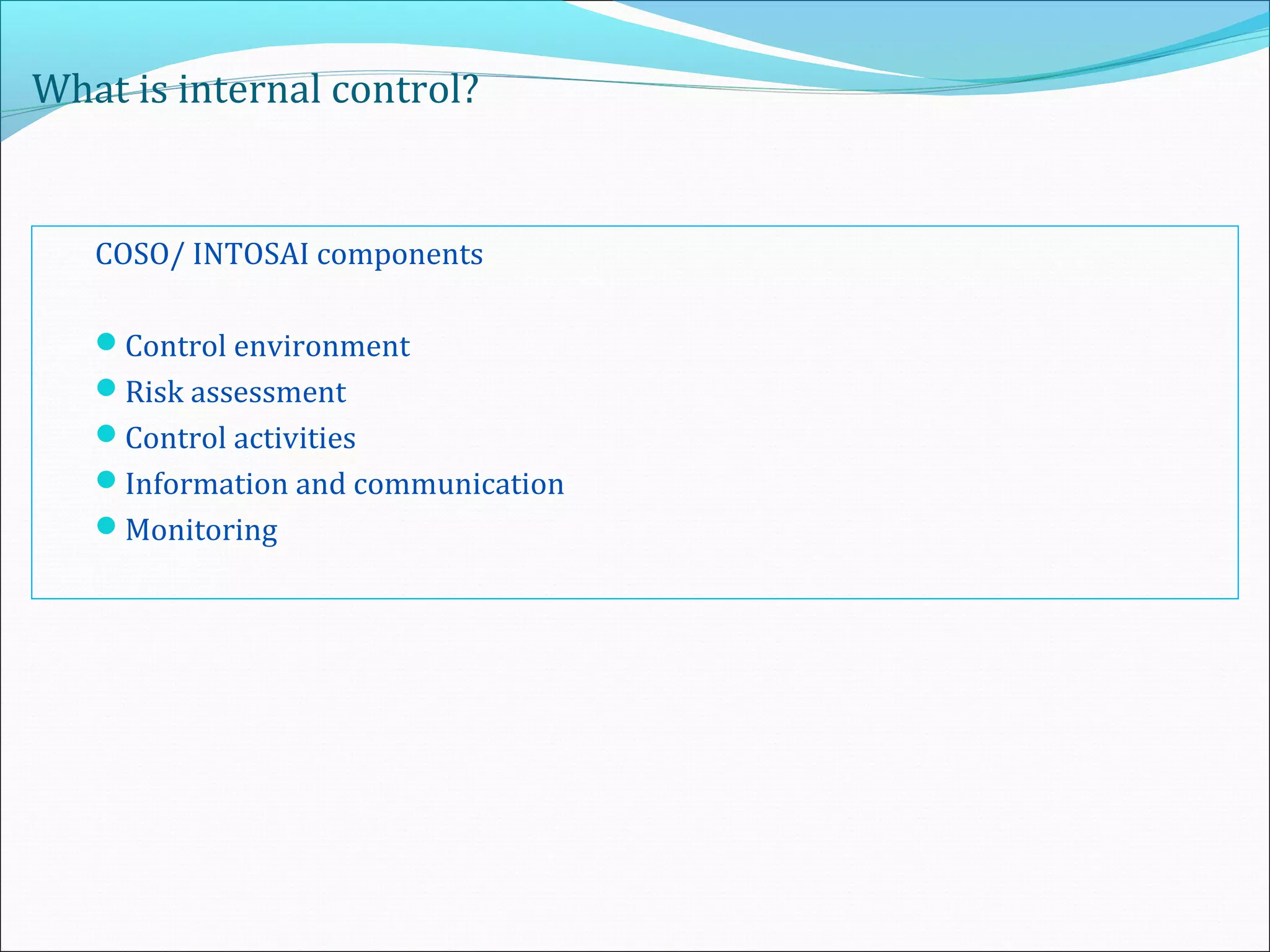 What is internal control?
COSO/ INTOSAI components
Control environment
Risk assessment
Control activities
Information and communication
Monitoring
 