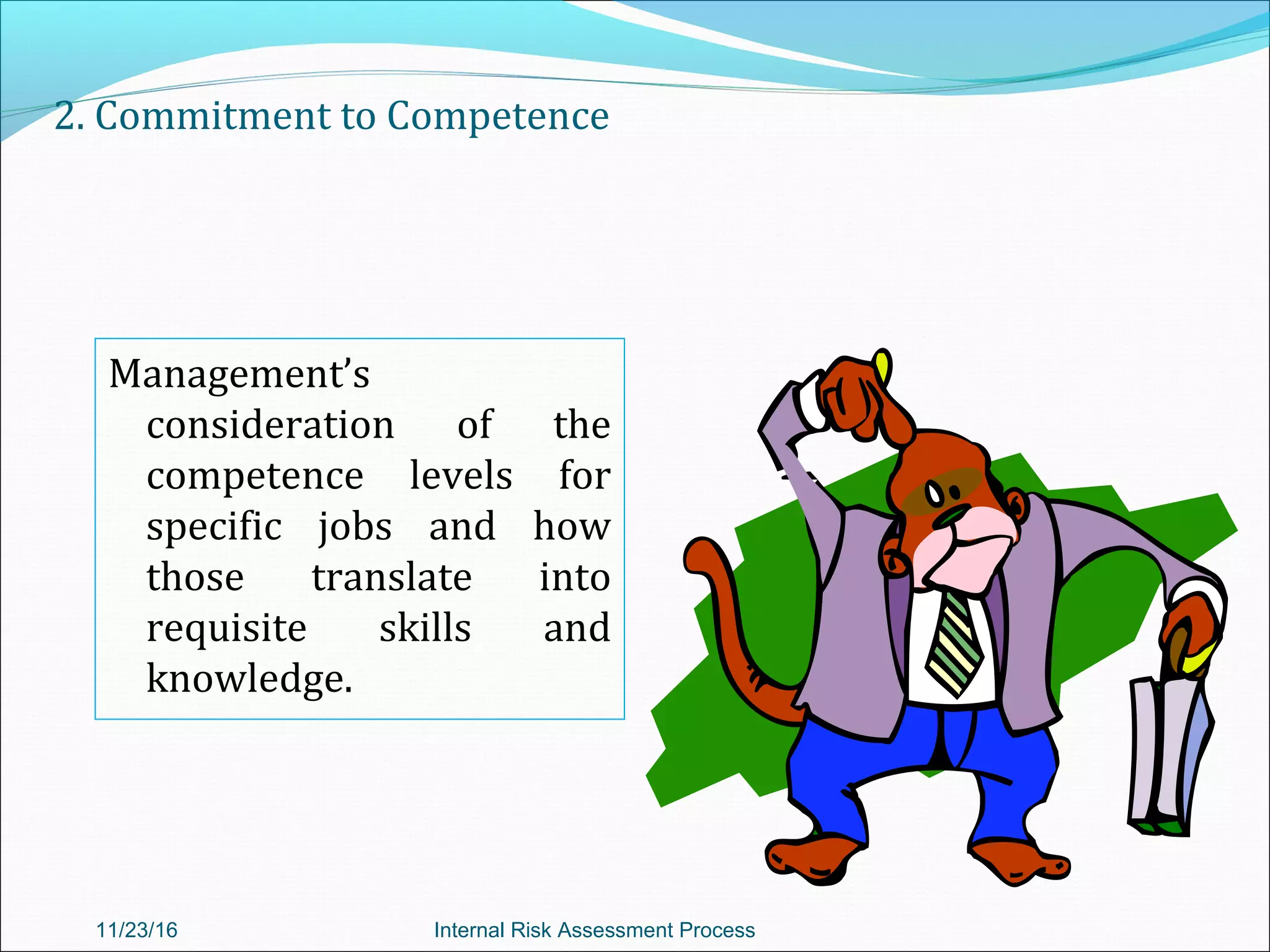 2. Commitment to Competence
Management’s
consideration of the
competence levels for
specific jobs and how
those translate into
requisite skills and
knowledge.
11/23/16 Internal Risk Assessment Process
 