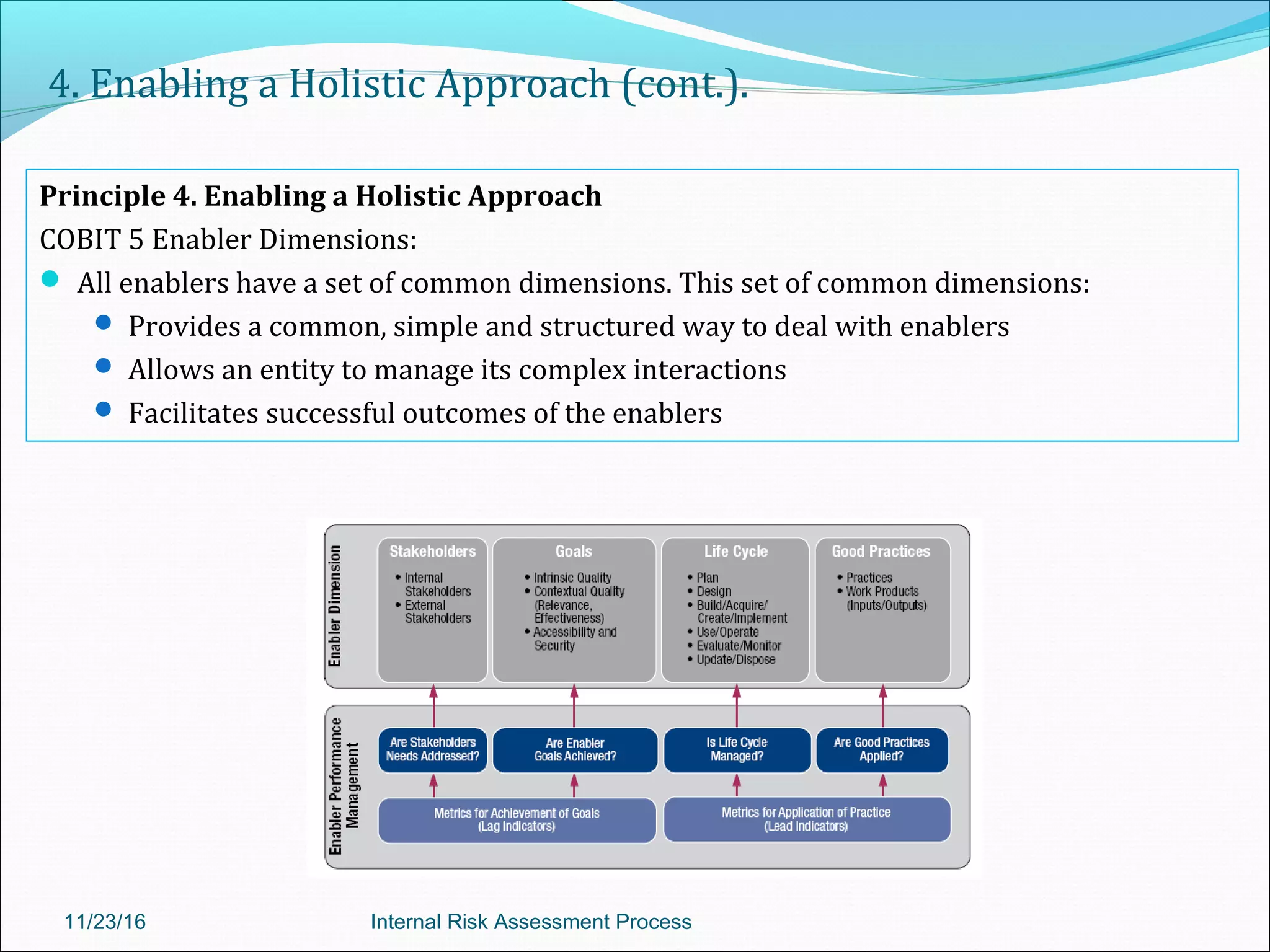 4. Enabling a Holistic Approach (cont.).
Principle 4. Enabling a Holistic Approach
COBIT 5 Enabler Dimensions:
 All enablers have a set of common dimensions. This set of common dimensions:
 Provides a common, simple and structured way to deal with enablers
 Allows an entity to manage its complex interactions
 Facilitates successful outcomes of the enablers
11/23/16 Internal Risk Assessment Process
 