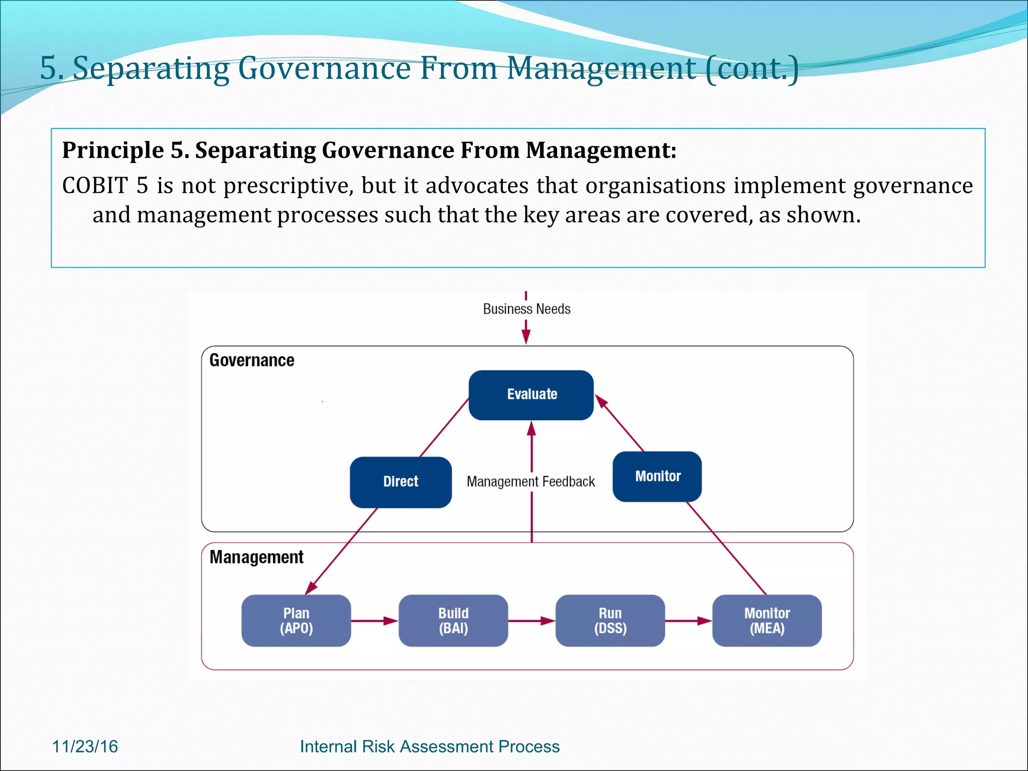 5. Separating Governance From Management (cont.)
Principle 5. Separating Governance From Management:
COBIT 5 is not prescriptive, but it advocates that organisations implement governance
and management processes such that the key areas are covered, as shown.
11/23/16 Internal Risk Assessment Process
 