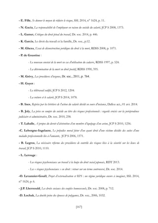 [167]
- E. Fille, Se donner le moyen de réduire le risque, SSL 2014, n° 1624, p. 11.
- N. Gacia, La responsabilité de l’employeur en raison du suicide du salarié, JCP S 2008, 1373.
- L. Gamet, Critique du droit pénal du travail, Dr. soc. 2014, p. 446.
- K. Garcia, Le droit du travail et la famille, Dr. soc., p.12.
- M. Gheza, Essai de déconstruction juridique du droit à la mort, RDSS 2008, p. 1071.
- P. de Goustine :
- Le nouveau constat de la mort en cas d'utilisation du cadavre, RDSS 1997, p. 524.
- La détermination de la mort en droit positif, RDSS 1990, 595.
- M. Grévy, Les procédures d’urgence, Dr. soc., 2011, p. 764.
- H. Guyot :
- Le télétravail codifié, JCP S 2012, 1204.
- La voiture et le salarié, JCP S 2014, 1078.
- B. Ines, Reprise par les héritiers de l'action du salarié décédé en cours d'instance, Dalloz act., 01 avr. 2014.
- B. Joly, La prise en compte du suicide au titre des risques professionnels : regards croisés sur la jurisprudence
judiciaire et administrative, Dr. soc. 2010, 258.
- T. Lahalle, A propos du devoir d’abstention d’un membre d’équipage d’un avion, JCP S 2010, 1256.
-C. Leborgne-Ingelaere, Le préjudice moral futur d'un ayant droit d'une victime décédée des suites d'une
maladie professionnelle liée à l'amiante, JCP S 2006, 1571.
- B. Legros, La nécéssaire réforme des procédures de contrôle des risques liées à la sécurité sur les lieux de
travail, JCP S 2010, 1110.
- L. Lerouge :
- Les risques psychosociaux au travail à la loupe du droit social japonais, RDT 2013.
- Les « risques psychosociaux » en droit : retour sur un terme controversé, Dr. soc. 2014.
-O. Levannier-Gouël, Projet d’externalisation et RPS : un régime juridique encore à imaginer, SSL 2014,
n° 1624, p. 6.
- J.P. Lhernould, Les droits sociaux des couples homosexuels, Dr. soc. 2008, p. 712.
-D. Lochak, La double peine des épouses de polygames, Dr. soc., 2006, 1032.
 