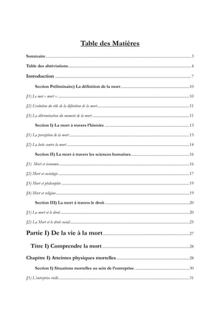Table des Matières
Sommaire .......................................................................................................................................................3
Table des abréviations................................................................................................................................4
Introduction ..............................................................................................................................................7
Section Préliminaire) La définition de la mort .......................................................................10
§1) Le mot « mort » .........................................................................................................................................10
§2) Evolution du rôle de la définition de la mort................................................................................................11
§3) La détermination du moment de la mort .....................................................................................................11
Section I) La mort à travers l’histoire ........................................................................................13
§1) La perception de la mort.............................................................................................................................13
§2) La lutte contre la mort................................................................................................................................14
Section II) La mort à travers les sciences humaines.............................................................16
§1) Mort et économie........................................................................................................................................16
§2) Mort et sociologie ........................................................................................................................................17
§3) Mort et philosophie .....................................................................................................................................19
§4) Mort et religion...........................................................................................................................................19
Section III) La mort à travers le droit........................................................................................20
§1) La mort et le droit......................................................................................................................................20
§2) La Mort et le droit social............................................................................................................................25
Partie I) De la vie à la mort..........................................................................................27
Titre I) Comprendre la mort...........................................................................................28
Chapitre I) Atteintes physiques mortelles............................................................................28
Section I) Situations mortelles au sein de l’entreprise.........................................................30
§1) L’entreprise réelle........................................................................................................................................31
 