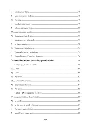 [178]
1) Les causes du drame ...........................................................................................................................46
2) Les conséquences du drame..............................................................................................................48
B) Une lutte ...............................................................................................................................................49
1) Interdiction progressive .....................................................................................................................49
2) Indemnisation des victimes. .............................................................................................................50
§2) Les autres substances mortelles....................................................................................................................50
A) Risques mortels collectifs...................................................................................................................51
1) Les catastrophes industrielles............................................................................................................51
2) Le risque nucléaire...............................................................................................................................52
B) Risques mortels individuels ...............................................................................................................54
1) Risques chimiques et biologiques. ....................................................................................................54
2) Risques liés aux phénomènes physiques..........................................................................................56
Chapitre II) Atteintes psychologiques mortelles .............................................................58
Section I) Atteintes mortelles.......................................................................................................60
§1) Le stress. ....................................................................................................................................................60
A) Causes....................................................................................................................................................60
B) Prévention.............................................................................................................................................62
§2) Le harcèlement et la violence........................................................................................................................63
A) Diversité des situations.......................................................................................................................64
B) Prévention.............................................................................................................................................65
Section II) Conséquences mortelles...........................................................................................66
§1) Conséquences psychiques, la mort volontaire ................................................................................................66
A) Le suicide..............................................................................................................................................66
B) Le lien entre le suicide et le travail....................................................................................................67
1) Une jurisprudence évolutive..............................................................................................................67
2) Les différents cas de figure. ...............................................................................................................68
 
