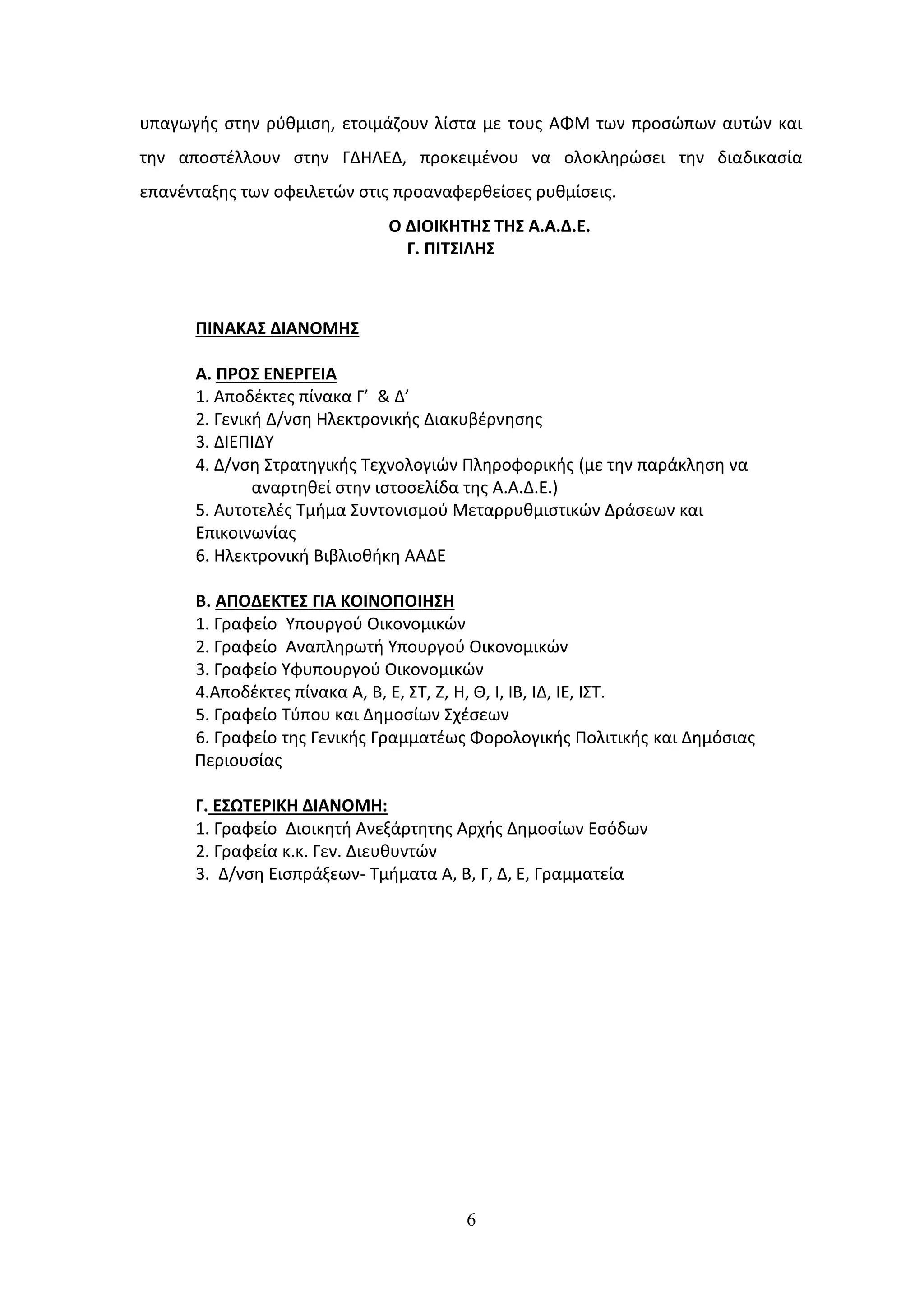 6
υπαγωγισ ςτθν ρφκμιςθ, ετοιμάηουν λίςτα με τουσ ΑΦΜ των προςϊπων αυτϊν και
τθν αποςτζλλουν ςτθν ΓΔΗΛΕΔ, προκειμζνου να ολοκλθρϊςει τθν διαδικαςία
επανζνταξθσ των οφειλετϊν ςτισ προαναφερκείςεσ ρυκμίςεισ.
Ο ΔΙΟΙΚΗΣΗ΢ ΣΗ΢ Α.Α.Δ.Ε.
Γ. ΠΙΣ΢ΙΛΗ΢
ΠΙΝΑΚΑ΢ ΔΙΑΝΟΜΗ΢
Α. ΠΡΟ΢ ΕΝΕΡΓΕΙΑ
1. Αποδζκτεσ πίνακα Γ’ & Δ’
2. Γενικι Δ/νςθ Ηλεκτρονικισ Διακυβζρνθςθσ
3. ΔΙΕΠΙΔΤ
4. Δ/νςθ ΢τρατθγικισ Σεχνολογιϊν Πλθροφορικισ (με τθν παράκλθςθ να
αναρτθκεί ςτθν ιςτοςελίδα τθσ Α.Α.Δ.Ε.)
5. Αυτοτελζσ Σμιμα ΢υντονιςμοφ Μεταρρυκμιςτικϊν Δράςεων και
Επικοινωνίασ
6. Ηλεκτρονικι Βιβλιοκικθ ΑΑΔΕ
Β. ΑΠΟΔΕΚΣΕ΢ ΓΙΑ ΚΟΙΝΟΠΟΙΗ΢Η
1. Γραφείο Τπουργοφ Οικονομικϊν
2. Γραφείο Αναπλθρωτι Τπουργοφ Οικονομικϊν
3. Γραφείο Τφυπουργοφ Οικονομικϊν
4.Αποδζκτεσ πίνακα Α, Β, Ε, ΢Σ, Ζ, Η, Θ, Ι, ΙΒ, ΙΔ, ΙΕ, Ι΢Σ.
5. Γραφείο Σφπου και Δθμοςίων ΢χζςεων
6. Γραφείο τθσ Γενικισ Γραμματζωσ Φορολογικισ Πολιτικισ και Δθμόςιασ
Περιουςίασ
Γ. Ε΢ΩΣΕΡΙΚΗ ΔΙΑΝΟΜΗ:
1. Γραφείο Διοικθτι Ανεξάρτθτθσ Αρχισ Δθμοςίων Εςόδων
2. Γραφεία κ.κ. Γεν. Διευκυντϊν
3. Δ/νςθ Ειςπράξεων- Σμιματα Α, Β, Γ, Δ, Ε, Γραμματεία
ΑΔΑ: ΩΞ8Α46ΜΠ3Ζ-7Ξ5
 