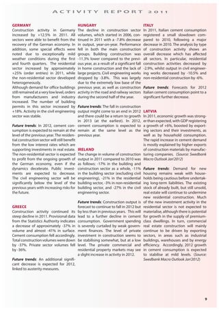 9
A C T I V I T Y R E P O R T 2 0 1 1
GERMANY
Construction activity in Germany
increased by +12.5% in 2011. All
sectors were able to benefit from the
recovery of the German economy. In
addition, some special effects were
noted due to exceptionally mild
weather conditions during the first
and fourth quarters. The residential
sector increased by approximately
+25% (order entries) in 2011, while
the non-residential sector developed
heterogeneously.
Although demand for office buildings
still remained at a very low level, orders
from manufacturers and industry
increased. The number of building
permits in this sector increased by
+18%. Activity in the civil engineering
sector was stable.
Future trends: In 2012, cement con-
sumption is expected to remain at the
level of the previous year. The residen-
tial construction sector will still benefit
from the low interest rates which are
supporting investments in real estate.
The non-residential sector is expected
to profit from the ongoing growth of
the German economy, even if the
dynamics decelerate. Public invest-
ments are expected to decrease.
The civil engineering sector will be
significantly below the level of the
previous years with increasing risks for
the future.
GREECE
Construction activity continued its
steep decline in 2011. Provisional data
from the Statistics Authority indicates
a decrease of approximately -37% in
volume and almost -41% in surface.
Cement consumption fell accordingly.
Total construction volumes were down
by -37%. Private sector volumes fell
by -36%.
Future trends: An additional signifi-
cant decrease is expected for 2012,
linked to austerity measures.
HUNGARY
The decline in construction sector
volumes, which started in 2006, con-
tinued in 2011 with a -7.8% decrease
in output, year-on-year. Performance
fell in both the main construction
groups. Building construction was
-11.3% lower compared to the previ-
ous year, as a result of a significant fall
in home construction and the lack of
large projects. Civil engineering works
dropped by -3.8%. This was largely
due to the extremely low base of the
previous year, as well as construction
activity in the road and railway sectors
during the second half of the year.
Future trends: The fall in construction
output might come to an end in 2012
and there could be a return to growth
in 2013 (at the earliest). In 2012,
cement consumption is expected to
remain at the same level as the
previous year.
IRELAND
The change in volume of construction
output in 2011 compared to 2010 was
as follows: -17% in the building and
construction sector as a whole, -11%
in the building sector (excluding civil
engineering), -21% in the residential
building sector, -3% in non-residential
building sector, and -27% in the civil
engineering sector.
Future trends: Construction output is
forecast to continue to fall in 2012 but
by less than in previous years. This will
lead to a further decline in cement
consumption. Government spending
is severely curtailed by weak govern-
ment finances. The level of private
investment in construction seems to
be stabilising somewhat, but at a low
level. The private commercial and
residential property markets may see
a slight increase in activity in 2012.
ITALY
In 2011, Italian cement consumption
registered a small slowdown com-
pared to 2010, following a major
decrease in 2010. The analysis by type
of construction activity shows an
overall decrease which has affected
all sectors. In particular, residential
construction activities decreased by
-2.9%, whilst output in civil engineer-
ing works decreased by -10.5% and
non-residential construction by -6%.
Future trends: Forecasts for 2012
Italian cement consumption point to a
significant further decrease.
LATVIA
In 2011, economic growth was strong-
er than expected, with GDP registering
a growth of +6%, boosted by export-
ing sectors and their investments, as
well as by household consumption.
The rapid increase in cement demand
is mostly explained by higher exports
of construction materials by manufac-
turing companies. (Source: Swedbank
Macro Outlook Jan'2012)
Future trends: Demand for new
housing remains weak with house-
holds being cautious before undertak-
ing long-term liabilities. The existing
stock of already built, but still unsold,
real estate will continue to undermine
new residential construction. Much
of the new investment activity in the
residential sector is not expected to
materialise, although there is potential
for growth in the supply of premium-
class dwellings. In turn, commercial
real estate construction will mainly
continue to be driven by exporting
sectors, in areas such as industrial
buildings, warehouses and by energy
efficiency. Accordingly, 2012 growth
in cement consumption is expected
to stabilise at mild levels. (Source:
Swedbank Macro Outlook Jan'2012)
 