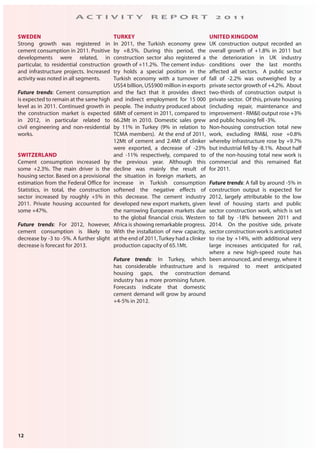 12
A C T I V I T Y R E P O R T 2 0 1 1
SWEDEN
Strong growth was registered in
cement consumption in 2011. Positive
developments were related, in
particular, to residential construction
and infrastructure projects. Increased
activity was noted in all segments.
Future trends: Cement consumption
is expected to remain at the same high
level as in 2011. Continued growth in
the construction market is expected
in 2012, in particular related to
civil engineering and non-residential
works.
SWITZERLAND
Cement consumption increased by
some +2.3%. The main driver is the
housing sector. Based on a provisional
estimation from the Federal Office for
Statistics, in total, the construction
sector increased by roughly +5% in
2011. Private housing accounted for
some +47%.
Future trends: For 2012, however,
cement consumption is likely to
decrease by -3 to -5%. A further slight
decrease is forecast for 2013.
TURKEY
In 2011, the Turkish economy grew
by +8.5%. During this period, the
construction sector also registered a
growth of +11.2%. The cement indus-
try holds a special position in the
Turkish economy with a turnover of
US$4 billion, US$900 million in exports
and the fact that it provides direct
and indirect employment for 15 000
people. The industry produced about
68Mt of cement in 2011, compared to
66.2Mt in 2010. Domestic sales grew
by 11% in Turkey (9% in relation to
TCMA members). At the end of 2011,
12Mt of cement and 2.4Mt of clinker
were exported, a decrease of -23%
and -11% respectively, compared to
the previous year. Although this
decline was mainly the result of
the situation in foreign markets, an
increase in Turkish consumption
softened the negative effects of
this decrease. The cement industry
developed new export markets, given
the narrowing European markets due
to the global financial crisis. Western
Africa is showing remarkable progress.
With the installation of new capacity,
at the end of 2011,Turkey had a clinker
production capacity of 65.1Mt.
Future trends: In Turkey, which
has considerable infrastructure and
housing gaps, the construction
industry has a more promising future.
Forecasts indicate that domestic
cement demand will grow by around
+4-5% in 2012.
UNITED KINGDOM
UK construction output recorded an
overall growth of +1.8% in 2011 but
the deterioration in UK industry
conditions over the last months
affected all sectors. A public sector
fall of -2.2% was outweighed by a
private sector growth of +4.2%. About
two-thirds of construction output is
private sector. Of this, private housing
(including repair, maintenance and
improvement - RM&I) output rose +3%
and public housing fell -3%.
Non-housing construction total new
work, excluding RM&I, rose +0.8%
whereby infrastructure rose by +9.7%
but industrial fell by -8.1%. About half
of the non-housing total new work is
commercial and this remained flat
for 2011.
Future trends: A fall by around -5% in
construction output is expected for
2012, largely attributable to the low
level of housing starts and public
sector construction work, which is set
to fall by -18% between 2011 and
2014. On the positive side, private
sector construction work is anticipated
to rise by +14%, with additional very
large increases anticipated for rail,
where a new high-speed route has
been announced, and energy, where it
is required to meet anticipated
demand.
 