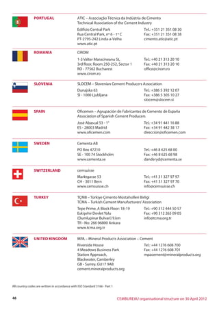 CEMBUREAU organisational structure on 30 April 201246
TURKEY TÇMB – Türkiye Çimento Müstahsilleri Birligi
TCMA – Turkish Cement Manufacturers’Association
UNITED KINGDOM MPA – Mineral Products Association – Cement
All country codes are written in accordance with ISO Standard 3166 - Part 1
SWITZERLAND cemsuisse
SPAIN Oficemen – Agrupación de Fabricantes de Cemento de España
Association of Spanish Cement Producers
SWEDEN Cementa AB
ROMANIA CIROM
SLOVENIA SLOCEM – Slovenian Cement Producers Association
PORTUGAL ATIC – Associação Técnica da Indústria de Cimento
Technical Association of the Cement Industry
Edifício Central Park
Rua Central Park, nº 6 - 1º C
PT-2795-242 Linda-a-Velha
www.atic.pt
Tel.: +351 21 351 08 30
Fax: +351 21 351 08 38
cimento.atic@atic.pt
1-3 Valter Maracineanu St,
3rd floor, Room 250-252, Sector 1
RO - 77562 Bucharest
www.cirom.ro
Tel.: +40 21 313 20 10
Fax: +40 21 313 20 10
office@cirom.ro
Dunajska 63
SI - 1000 Ljubljana
Tel.: +386 5 392 12 07
Fax: +386 5 305 10 27
slocem@slocem.si
José Abascal 53 - 1°
ES - 28003 Madrid
www.oficemen.com
Tel.: +34 91 441 16 88
Fax: +34 91 442 38 17
direccion@oficemen.com
PO Box 47210
SE - 100 74 Stockholm
www.cementa.se
Tel.: +46 8 625 68 00
Fax: +46 8 625 68 98
danderyd@cementa.se
Marktgasse 53
CH - 3011 Bern
www.cemsuisse.ch
Tel.: +41 31 327 97 97
Fax: +41 31 327 97 70
info@cemsuisse.ch
Tepe Prime, A Block Floor: 18-19
Eskişehir Devlet Yolu
(Dumlupinar Bulvari) 9.km
TR - No: 266 06800 Ankara
www.tcma.org.tr
Tel.: +90 312 444 50 57
Fax: +90 312 265 09 05
info@tcma.org.tr
Riverside House
4 Meadows Business Park
Station Approach,
Blackwater, Camberley
GB - Surrey, GU17 9AB
cement.mineralproducts.org
Tel.: +44 1276 608 700
Fax: +44 1276 608 701
mpacement@mineralproducts.org
 