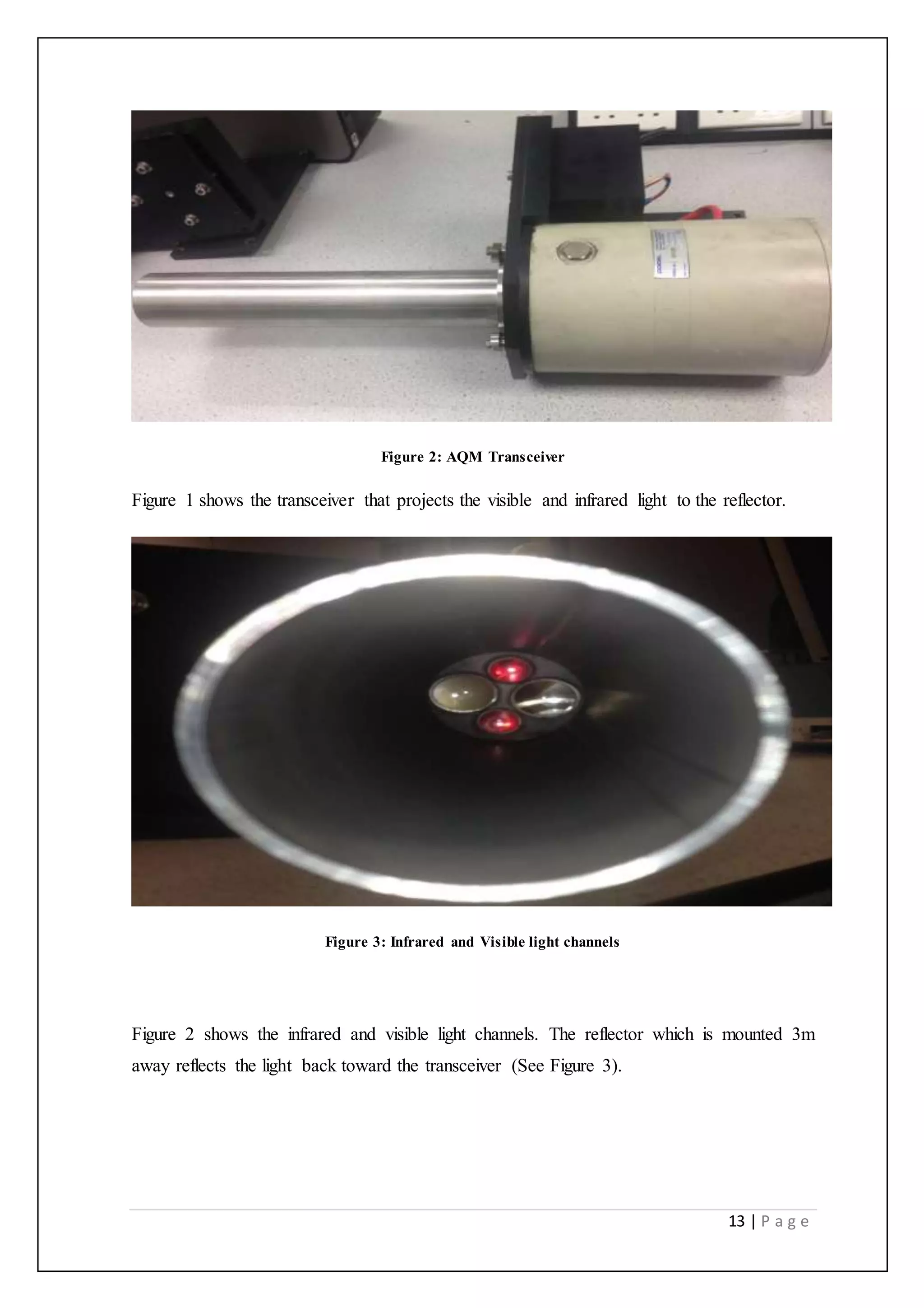 13 | P a g e
Figure 2: AQM Transceiver
Figure 1 shows the transceiver that projects the visible and infrared light to the reflector.
Figure 3: Infrared and Visible light channels
Figure 2 shows the infrared and visible light channels. The reflector which is mounted 3m
away reflects the light back toward the transceiver (See Figure 3).
 