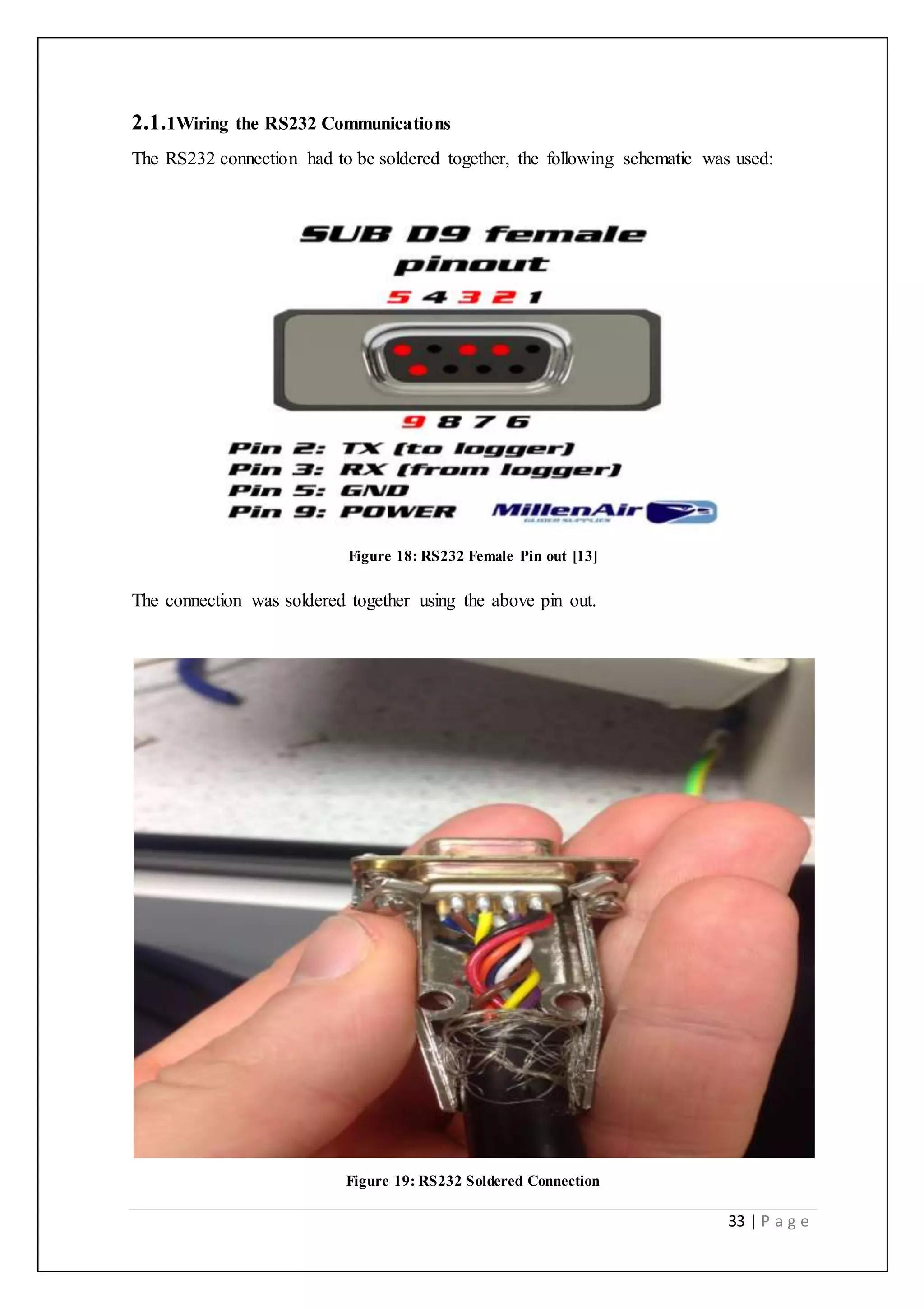 33 | P a g e
2.1.1Wiring the RS232 Communications
The RS232 connection had to be soldered together, the following schematic was used:
Figure 18: RS232 Female Pin out [13]
The connection was soldered together using the above pin out.
Figure 19: RS232 Soldered Connection
 