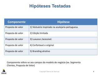 Hipóteses Testadas
Copyright Fábrica de Startups 4
Componente Hipótese
Proposta de valor 1) Vestuário inspirado na azulejaria portuguesa.
Proposta de valor 2) Edição limitada
Proposta de valor 3) Luxuoso /acessível.
Proposta de valor 4) Corfortavel e original
Proposta de valor 5) Branding atrativo
Componente refere-se aos campos do modelo de negócio (ex. Segmento
Clientes, Proposta de Valor)
 