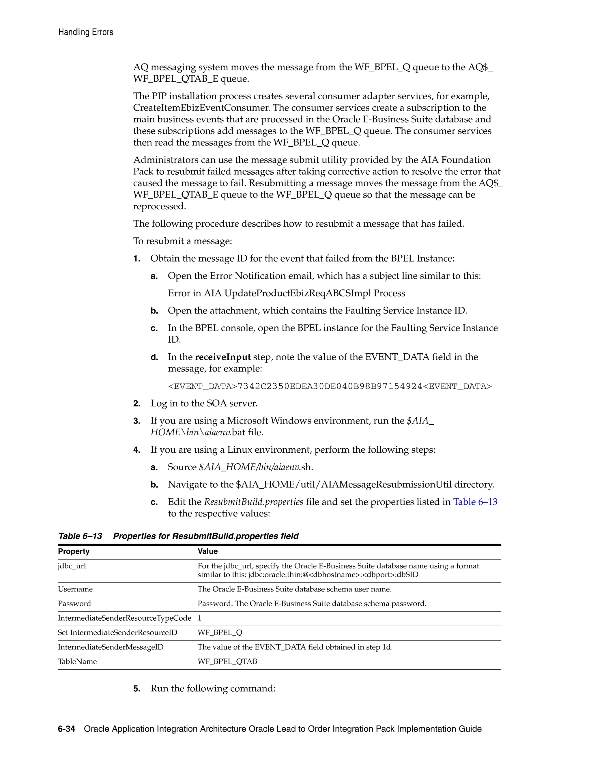 Handling Errors


                    AQ messaging system moves the message from the WF_BPEL_Q queue to the AQ$_
                    WF_BPEL_QTAB_E queue.
                    The PIP installation process creates several consumer adapter services, for example,
                    CreateItemEbizEventConsumer. The consumer services create a subscription to the
                    main business events that are processed in the Oracle E-Business Suite database and
                    these subscriptions add messages to the WF_BPEL_Q queue. The consumer services
                    then read the messages from the WF_BPEL_Q queue.
                    Administrators can use the message submit utility provided by the AIA Foundation
                    Pack to resubmit failed messages after taking corrective action to resolve the error that
                    caused the message to fail. Resubmitting a message moves the message from the AQ$_
                    WF_BPEL_QTAB_E queue to the WF_BPEL_Q queue so that the message can be
                    reprocessed.
                    The following procedure describes how to resubmit a message that has failed.
                    To resubmit a message:
                    1.   Obtain the message ID for the event that failed from the BPEL Instance:
                         a.   Open the Error Notification email, which has a subject line similar to this:
                              Error in AIA UpdateProductEbizReqABCSImpl Process
                         b.   Open the attachment, which contains the Faulting Service Instance ID.
                         c.   In the BPEL console, open the BPEL instance for the Faulting Service Instance
                              ID.
                         d.   In the receiveInput step, note the value of the EVENT_DATA field in the
                              message, for example:
                              <EVENT_DATA>7342C2350EDEA30DE040B98B97154924<EVENT_DATA>
                    2.   Log in to the SOA server.
                    3.   If you are using a Microsoft Windows environment, run the $AIA_
                         HOMEbinaiaenv.bat file.
                    4.   If you are using a Linux environment, perform the following steps:
                         a.   Source $AIA_HOME/bin/aiaenv.sh.
                         b.   Navigate to the $AIA_HOME/util/AIAMessageResubmissionUtil directory.
                         c.   Edit the ResubmitBuild.properties file and set the properties listed in Table 6–13
                              to the respective values:

Table 6–13    Properties for ResubmitBuild.properties field
Property                             Value
jdbc_url                             For the jdbc_url, specify the Oracle E-Business Suite database name using a format
                                     similar to this: jdbc:oracle:thin:@<dbhostname>:<dbport>:dbSID
Username                             The Oracle E-Business Suite database schema user name.
Password                             Password. The Oracle E-Business Suite database schema password.
IntermediateSenderResourceTypeCode 1
Set IntermediateSenderResourceID     WF_BPEL_Q
IntermediateSenderMessageID          The value of the EVENT_DATA field obtained in step 1d.
TableName                            WF_BPEL_QTAB


                    5.   Run the following command:



6-34 Oracle Application Integration Architecture Oracle Lead to Order Integration Pack Implementation Guide
 