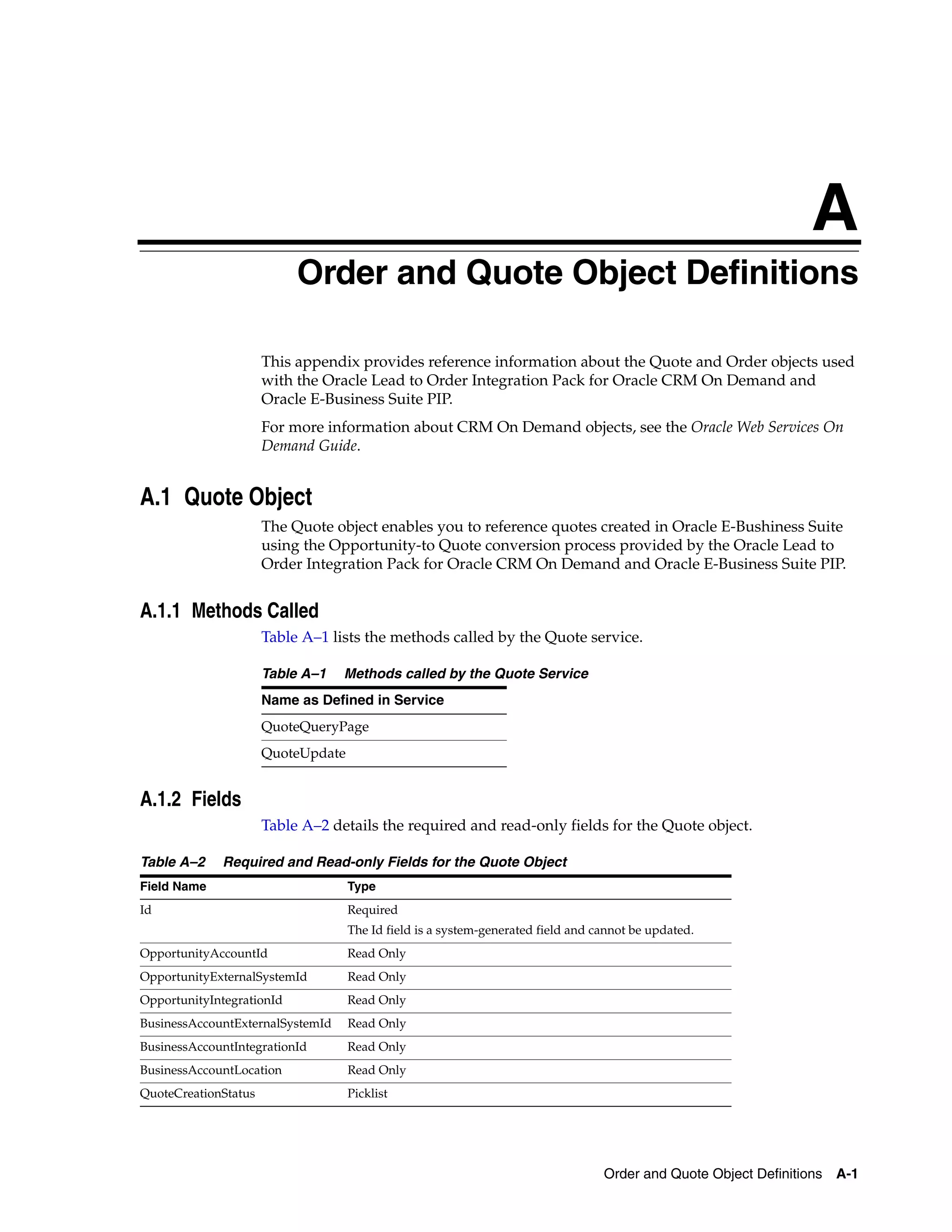 A
                           Order and Quote Object Definitions
                           A




                      This appendix provides reference information about the Quote and Order objects used
                      with the Oracle Lead to Order Integration Pack for Oracle CRM On Demand and
                      Oracle E-Business Suite PIP.
                      For more information about CRM On Demand objects, see the Oracle Web Services On
                      Demand Guide.


A.1 Quote Object
                      The Quote object enables you to reference quotes created in Oracle E-Bushiness Suite
                      using the Opportunity-to Quote conversion process provided by the Oracle Lead to
                      Order Integration Pack for Oracle CRM On Demand and Oracle E-Business Suite PIP.


A.1.1 Methods Called
                      Table A–1 lists the methods called by the Quote service.

                      Table A–1   Methods called by the Quote Service
                      Name as Defined in Service
                      QuoteQueryPage
                      QuoteUpdate


A.1.2 Fields
                      Table A–2 details the required and read-only fields for the Quote object.

Table A–2    Required and Read-only Fields for the Quote Object
Field Name                          Type
Id                                  Required
                                    The Id field is a system-generated field and cannot be updated.
OpportunityAccountId                Read Only
OpportunityExternalSystemId         Read Only
OpportunityIntegrationId            Read Only
BusinessAccountExternalSystemId     Read Only
BusinessAccountIntegrationId        Read Only
BusinessAccountLocation             Read Only
QuoteCreationStatus                 Picklist




                                                                                  Order and Quote Object Definitions A-1
 