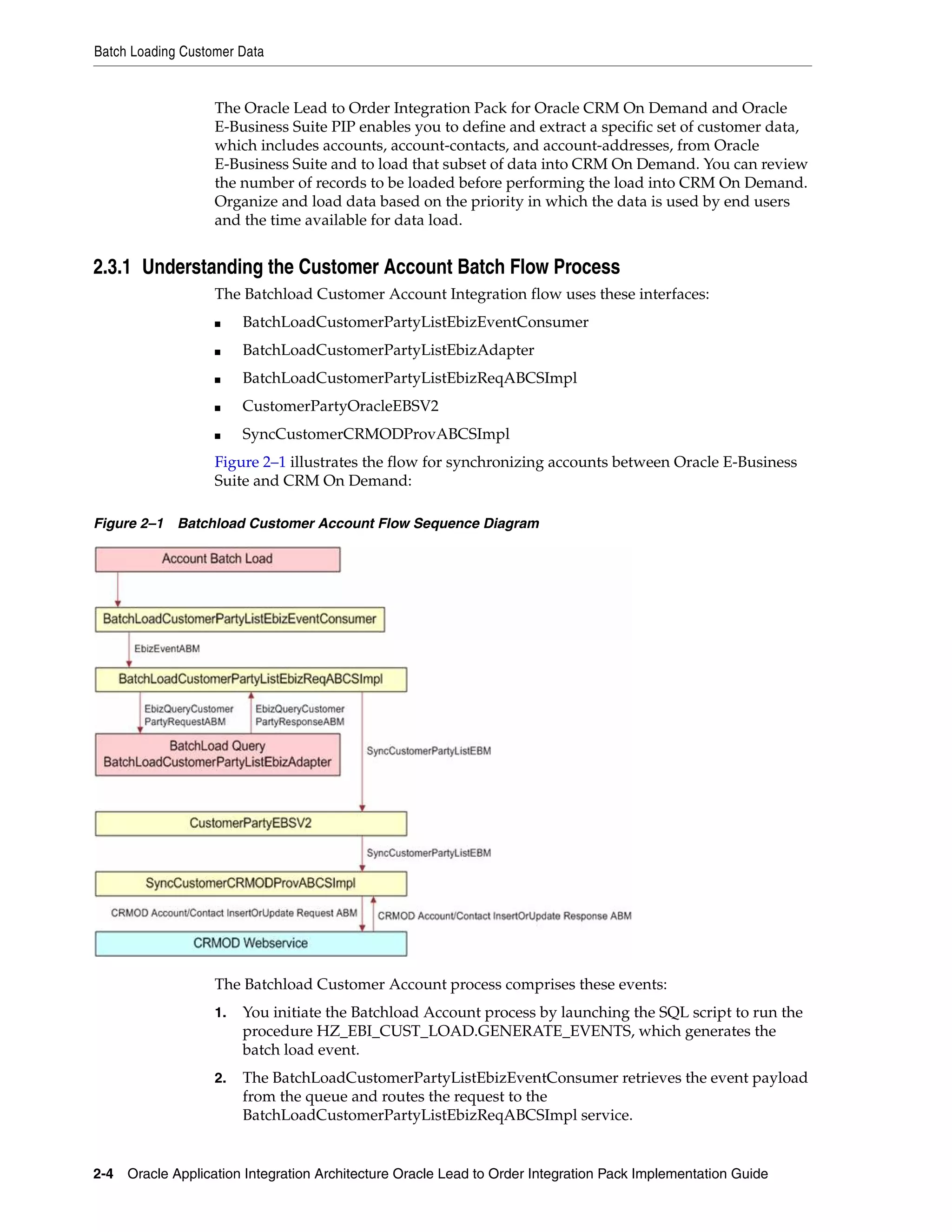 Batch Loading Customer Data


                   The Oracle Lead to Order Integration Pack for Oracle CRM On Demand and Oracle
                   E-Business Suite PIP enables you to define and extract a specific set of customer data,
                   which includes accounts, account-contacts, and account-addresses, from Oracle
                   E-Business Suite and to load that subset of data into CRM On Demand. You can review
                   the number of records to be loaded before performing the load into CRM On Demand.
                   Organize and load data based on the priority in which the data is used by end users
                   and the time available for data load.


2.3.1 Understanding the Customer Account Batch Flow Process
                   The Batchload Customer Account Integration flow uses these interfaces:
                   ■    BatchLoadCustomerPartyListEbizEventConsumer
                   ■    BatchLoadCustomerPartyListEbizAdapter
                   ■    BatchLoadCustomerPartyListEbizReqABCSImpl
                   ■    CustomerPartyOracleEBSV2
                   ■    SyncCustomerCRMODProvABCSImpl
                   Figure 2–1 illustrates the flow for synchronizing accounts between Oracle E-Business
                   Suite and CRM On Demand:

Figure 2–1 Batchload Customer Account Flow Sequence Diagram




                   The Batchload Customer Account process comprises these events:
                   1.   You initiate the Batchload Account process by launching the SQL script to run the
                        procedure HZ_EBI_CUST_LOAD.GENERATE_EVENTS, which generates the
                        batch load event.
                   2.   The BatchLoadCustomerPartyListEbizEventConsumer retrieves the event payload
                        from the queue and routes the request to the
                        BatchLoadCustomerPartyListEbizReqABCSImpl service.


2-4 Oracle Application Integration Architecture Oracle Lead to Order Integration Pack Implementation Guide
 