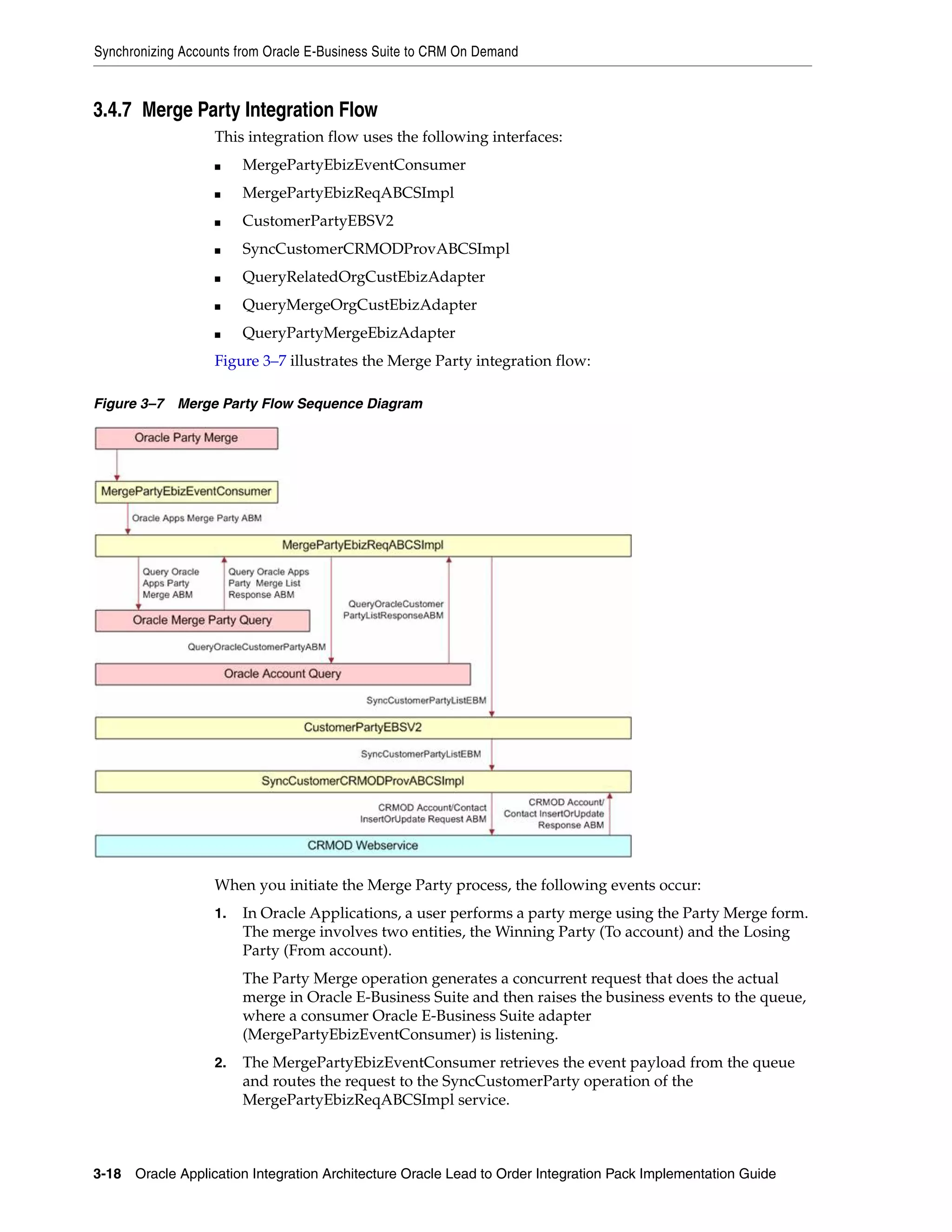 Synchronizing Accounts from Oracle E-Business Suite to CRM On Demand



3.4.7 Merge Party Integration Flow
                   This integration flow uses the following interfaces:
                   ■    MergePartyEbizEventConsumer
                   ■    MergePartyEbizReqABCSImpl
                   ■    CustomerPartyEBSV2
                   ■    SyncCustomerCRMODProvABCSImpl
                   ■    QueryRelatedOrgCustEbizAdapter
                   ■    QueryMergeOrgCustEbizAdapter
                   ■    QueryPartyMergeEbizAdapter
                   Figure 3–7 illustrates the Merge Party integration flow:

Figure 3–7 Merge Party Flow Sequence Diagram




                   When you initiate the Merge Party process, the following events occur:
                   1.   In Oracle Applications, a user performs a party merge using the Party Merge form.
                        The merge involves two entities, the Winning Party (To account) and the Losing
                        Party (From account).
                        The Party Merge operation generates a concurrent request that does the actual
                        merge in Oracle E-Business Suite and then raises the business events to the queue,
                        where a consumer Oracle E-Business Suite adapter
                        (MergePartyEbizEventConsumer) is listening.
                   2.   The MergePartyEbizEventConsumer retrieves the event payload from the queue
                        and routes the request to the SyncCustomerParty operation of the
                        MergePartyEbizReqABCSImpl service.



3-18 Oracle Application Integration Architecture Oracle Lead to Order Integration Pack Implementation Guide
 
