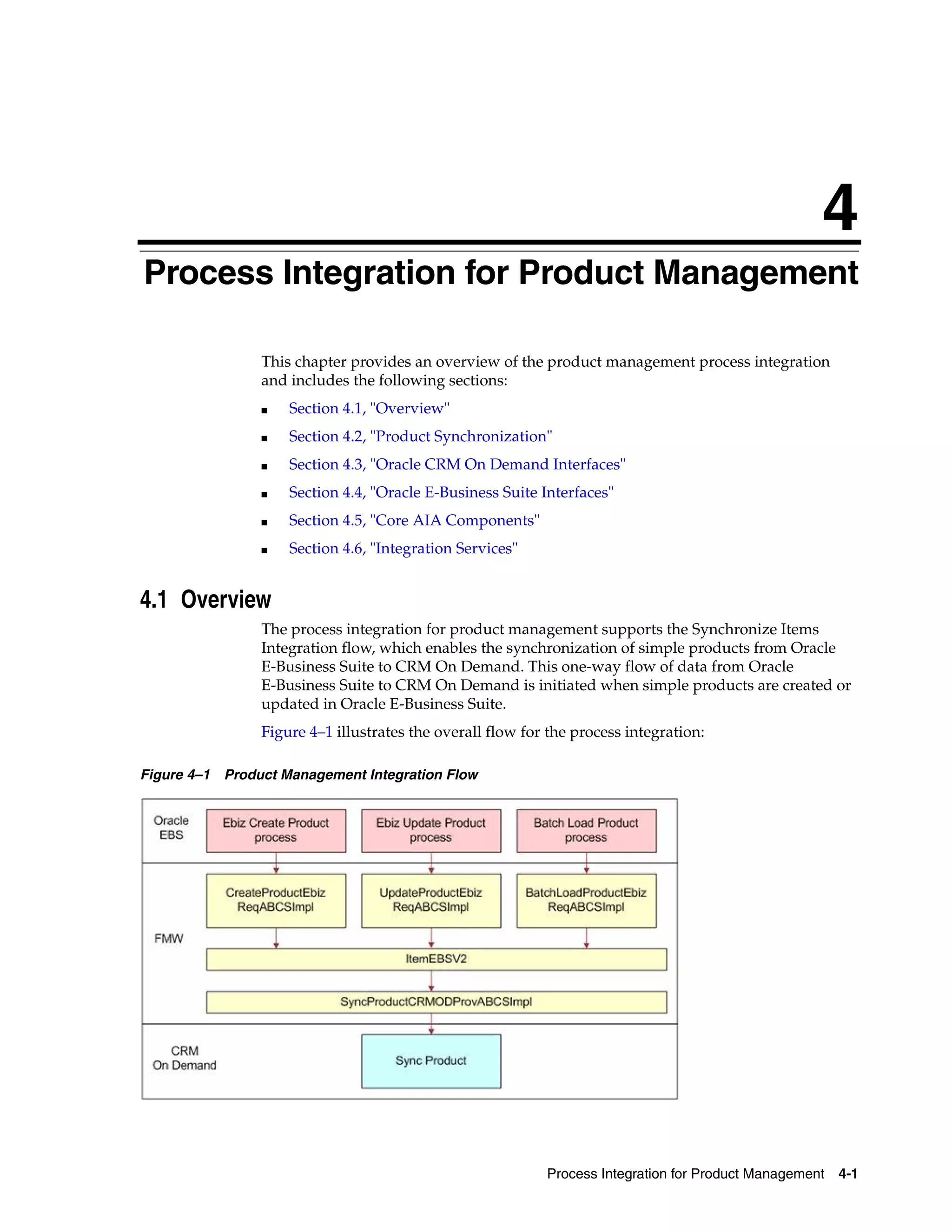 4
Process Integration for Product Management
4




                This chapter provides an overview of the product management process integration
                and includes the following sections:
                ■   Section 4.1, "Overview"
                ■   Section 4.2, "Product Synchronization"
                ■   Section 4.3, "Oracle CRM On Demand Interfaces"
                ■   Section 4.4, "Oracle E-Business Suite Interfaces"
                ■   Section 4.5, "Core AIA Components"
                ■   Section 4.6, "Integration Services"


4.1 Overview
                The process integration for product management supports the Synchronize Items
                Integration flow, which enables the synchronization of simple products from Oracle
                E-Business Suite to CRM On Demand. This one-way flow of data from Oracle
                E-Business Suite to CRM On Demand is initiated when simple products are created or
                updated in Oracle E-Business Suite.
                Figure 4–1 illustrates the overall flow for the process integration:

Figure 4–1 Product Management Integration Flow




                                                           Process Integration for Product Management   4-1
 