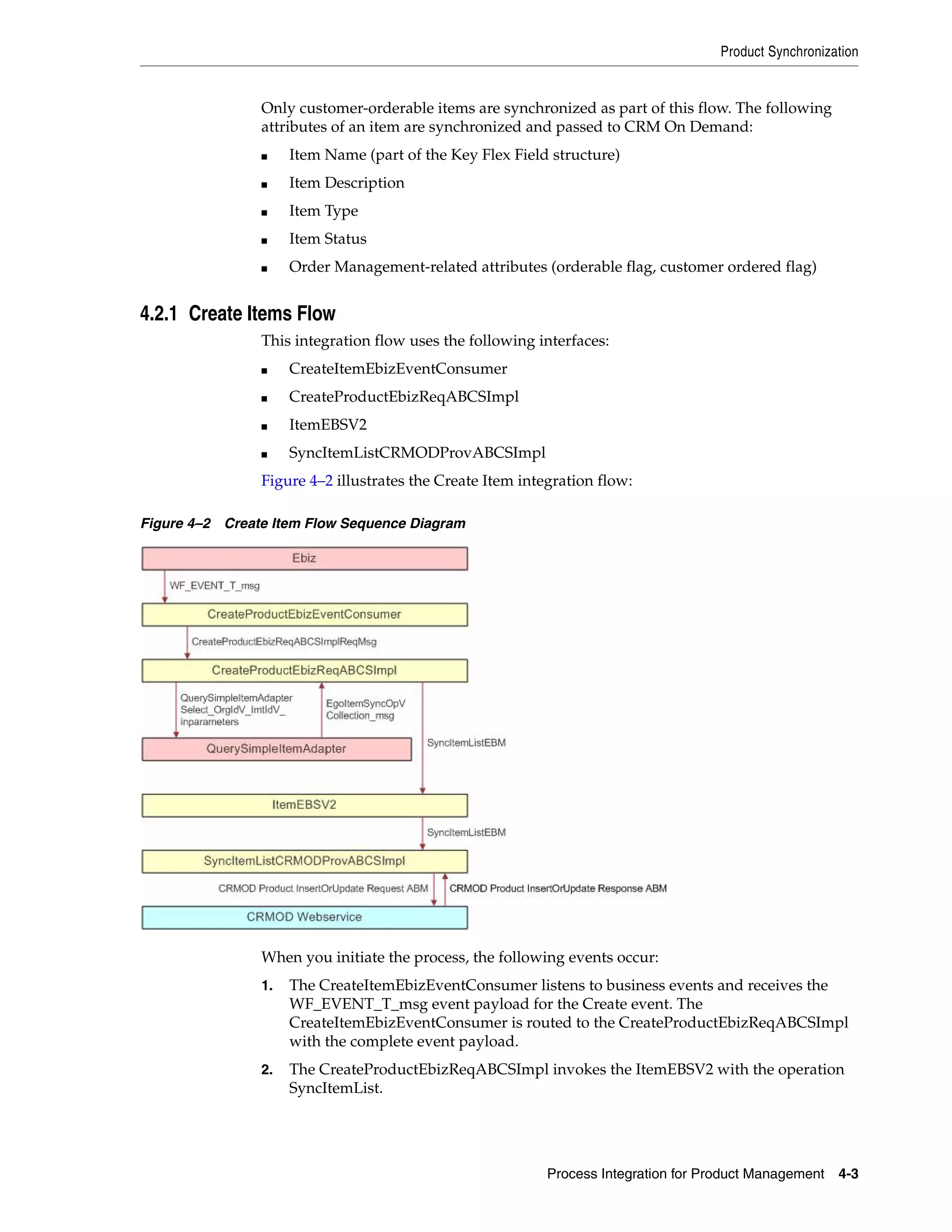 Product Synchronization


                Only customer-orderable items are synchronized as part of this flow. The following
                attributes of an item are synchronized and passed to CRM On Demand:
                ■    Item Name (part of the Key Flex Field structure)
                ■    Item Description
                ■    Item Type
                ■    Item Status
                ■    Order Management-related attributes (orderable flag, customer ordered flag)


4.2.1 Create Items Flow
                This integration flow uses the following interfaces:
                ■    CreateItemEbizEventConsumer
                ■    CreateProductEbizReqABCSImpl
                ■    ItemEBSV2
                ■    SyncItemListCRMODProvABCSImpl
                Figure 4–2 illustrates the Create Item integration flow:

Figure 4–2 Create Item Flow Sequence Diagram




                When you initiate the process, the following events occur:
                1.   The CreateItemEbizEventConsumer listens to business events and receives the
                     WF_EVENT_T_msg event payload for the Create event. The
                     CreateItemEbizEventConsumer is routed to the CreateProductEbizReqABCSImpl
                     with the complete event payload.
                2.   The CreateProductEbizReqABCSImpl invokes the ItemEBSV2 with the operation
                     SyncItemList.




                                                           Process Integration for Product Management   4-3
 
