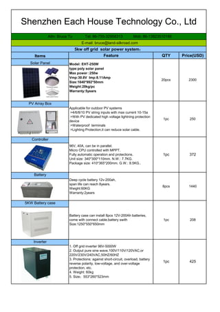 Feature QTY Price(USD)
Shenzhen Each House Technology Co., Ltd
Attn: Bruce Tu Tel: 86-755-32958313 Mob: 86-13823510166
E-mail: bruce@land-silkroad.com
2300
250
372
1440
208
425
20pcs
1pc
1pc
8pcs
1pc
1pc
Model: EHT-250W
type:poly solar panel
Max power :250w
Vmp:30.8V Imp:8.11Amp
Size:1640*992*50mm
Weight:20kg/pc
Warranty:5years
Applicable for outdoor PV systems
>4/6/8/10 PV string inputs with max current 10-15a
>With PV dedicated high voltage lightning protection
device
>Waterproof terminals
>Lighting Protection,it can reduce solar cable.
96V, 40A, can be in parallel.
Micro CPU controlled with MPPT.
Fully automatic operation and protections.
Unit size: 340*300*110mm. N.W.: 7.7KG.
Package size: 410*365*200mm. G.W.: 8.5KG..
Deep cycle battery 12v-200ah,
span life can reach 8years.
Weight:60KG
Warranty:2years
Battery case can install 8pcs 12V-200Ah batteries,
come with connect cable,battery swith
Size:1250*550*650mm
1. Off grid inverter 96V-5000W
2. Output pure sine wave,100V/110V/120VAC,or
220V/230V/240VAC,50HZ/60HZ
3. Protections: against short-circuit, overload, battery
reverse polarity, low-voltage, and over-voltage
protection, etc.
4. Weight: 60kg
5. Size：553*260*523mm
5KW Battery case
Inverter
PV Array Box
Controller
Battery
5kw off grid solar power system：
Items
Solar Panel
 