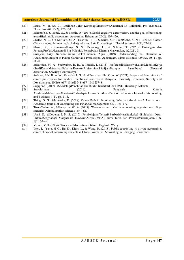 American Journal of Humanities and Social Sciences Research (AJHSSR) 2022
A J H S S R J o u r n a l P a g e | 47
[20] Satria, M. R. (2019). Pemilihan Jalur KarirBagiMahasiswaAkuntansi Di Politeknik Pos Indonesia.
EkonoInsentif, 13(2), 125-133.
[21] Schoenfeld, J., Segal, G., & Borgia, D. (2017). Social cognitive career theory and the goal of becoming
a certified public accountant. Accounting Education, 26(2), 109-126.
[22] Shafee, N. B., bin Mustafa, M. A., Hashim, H. B., Suhaimi, S. B., &btMohd, S. N. H. (2022). Career
Choice among Accounting’s Undergraduates. Asia Proceedings of Social Sciences, 9(1), 67-68.
[23] Shanti, K., Kusumawardhany, S. S., Pamulang, U., & Selatan, T. (2021). Tantangan dan
PeluangProfesiAkuntan di Era Milenial. Pengabdian Dharma Masyarakat, 1(2021), 5.
[24] Srirejeki, Kiky., Supeno, Saras., &Faturahman, Agus. (2019). Understanding the Intensions of
Accounting Student to Pursue Career as a Professional Accountant. Binus Business Review, 10 (1), pp.
11-19.
[25] Sudarman, M. A., Soebyakto, B. B., & Imelda, I. (2018). PreferensiMahasiswaDalamMemilihKerja
(StudiKasusMahasiswaFakultasEkonomiUniversitasSriwijayaKampus Palembang) (Doctoral
dissertation, Sriwijaya University).
[26] Sudewa, I. N. B. A. W., Ganesha, I. G. H., &Purnamasidhi, C. A. W. (2021). Scope and determinant of
career preferences for medical preclinical students at Udayana University. Research, Society and
Development, 10(16), e174101623748-e174101623748.
[27] Sugiyono. (2017). MetodologiPenelitianKuantitatif, Kualitatif, dan R&D. Bandung: Alfabeta
[28] Suwaldiman. (2019). Pengaruh Kinerja
AkademikMahasiswaAkuntansiTerhadapRelevansiPemilihanProfesi. Indonesian Journal of Accounting
and Business, 1(1), pp. 1-14.
[29] Thing, O. G., &Jalaludin, D. (2018). Career Path in Accounting: What are the drivers?. International
Academic Journal of Accounting and Financial Management, 5(2), 161-177.
[30] Tiron-Tudor, A., &Faragalla, W. A. (2018). Women career paths in accounting organizations: Big4
scenario. Administrative sciences, 8(4), 62.
[31] Utari, U., &Degeng, I. N. S. (2017). PembelajaranTematikBerbasisKearifanLokal di Sekolah Dasar
DalamMenghadapi Masyarakat EkonomiAsean (MEA). JurnalTeori dan PraksisPembelajaran IPS,
1(1), 39-44.
[32] Vroom, V.H. (1964). Work and Motivation. Oxford, England: Wiley
[33] Wen, L., Yang, H. C., Bu, D., Diers, L., & Wang, H. (2018). Public accounting vs private accounting,
career choice of accounting students in China. Journal of Accounting in Emerging Economies.
 
