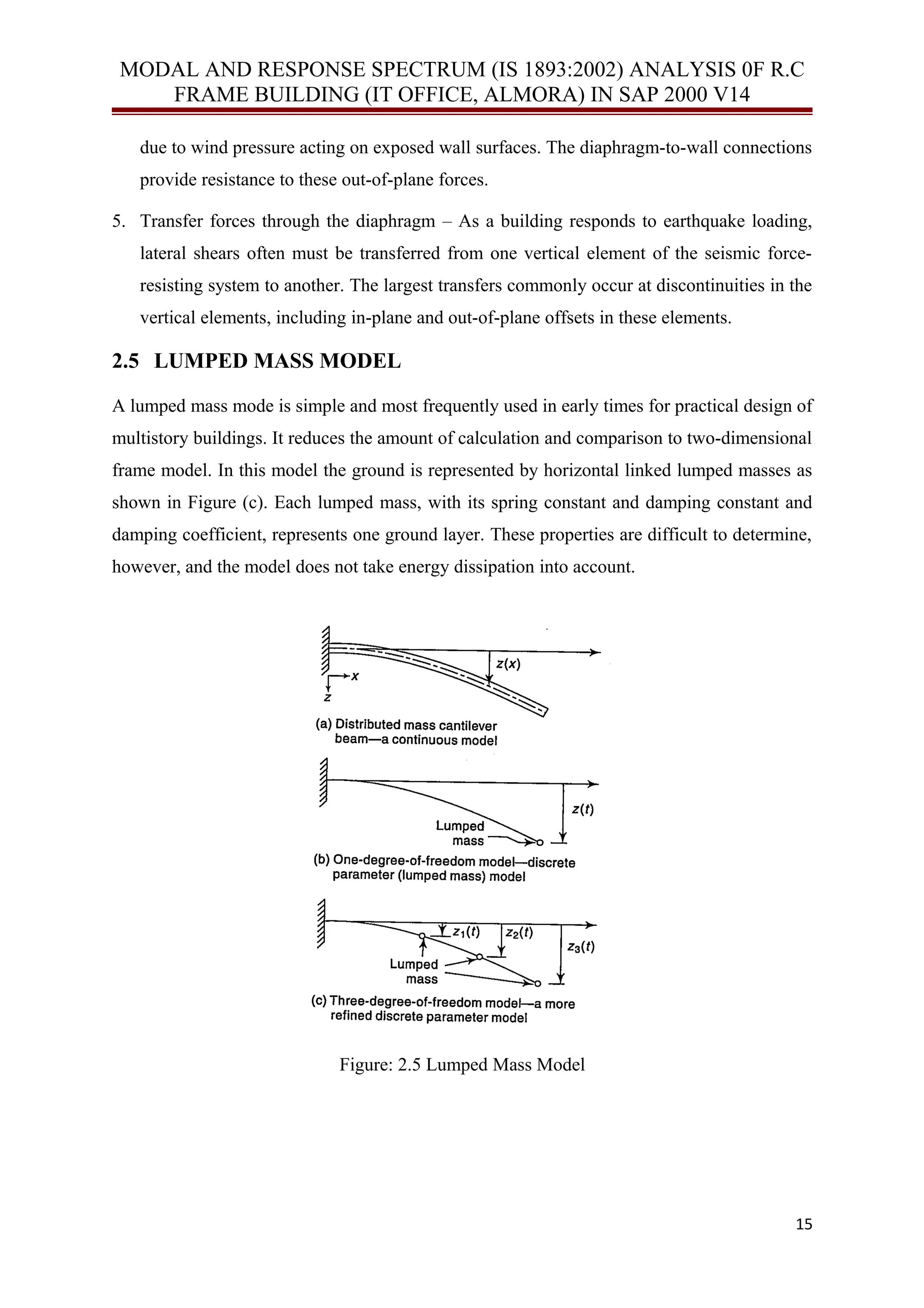 MODAL AND RESPONSE SPECTRUM (IS 1893:2002) ANALYSIS 0F R.C
FRAME BUILDING (IT OFFICE, ALMORA) IN SAP 2000 V14
due to wind pressure acting on exposed wall surfaces. The diaphragm-to-wall connections
provide resistance to these out-of-plane forces.
5. Transfer forces through the diaphragm – As a building responds to earthquake loading,
lateral shears often must be transferred from one vertical element of the seismic force-
resisting system to another. The largest transfers commonly occur at discontinuities in the
vertical elements, including in-plane and out-of-plane offsets in these elements.
2.5 LUMPED MASS MODEL
A lumped mass mode is simple and most frequently used in early times for practical design of
multistory buildings. It reduces the amount of calculation and comparison to two-dimensional
frame model. In this model the ground is represented by horizontal linked lumped masses as
shown in Figure (c). Each lumped mass, with its spring constant and damping constant and
damping coefficient, represents one ground layer. These properties are difficult to determine,
however, and the model does not take energy dissipation into account.
Figure: 2.5 Lumped Mass Model
15
 