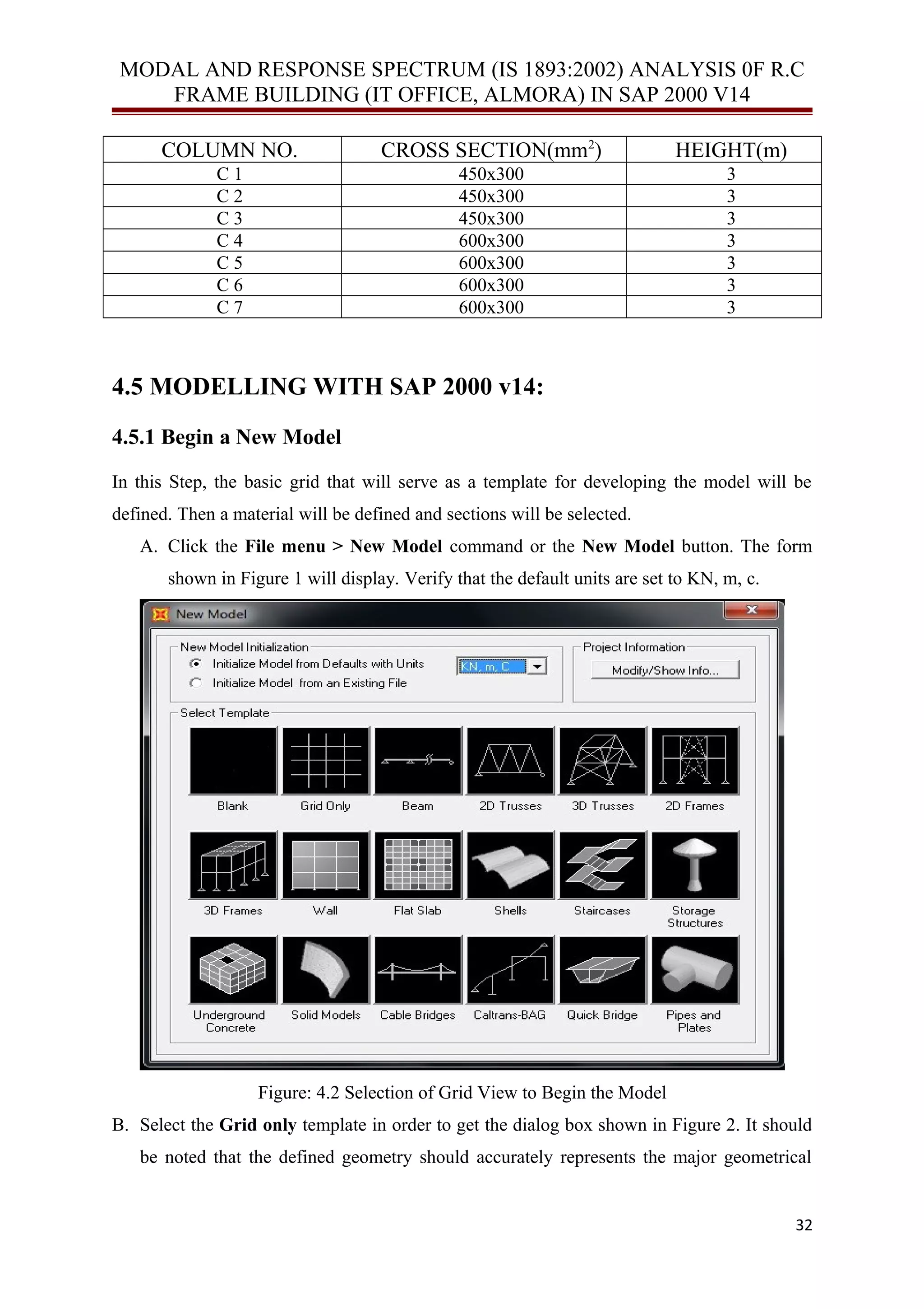 MODAL AND RESPONSE SPECTRUM (IS 1893:2002) ANALYSIS 0F R.C
FRAME BUILDING (IT OFFICE, ALMORA) IN SAP 2000 V14
COLUMN NO. CROSS SECTION(mm2
) HEIGHT(m)
C 1 450x300 3
C 2 450x300 3
C 3 450x300 3
C 4 600x300 3
C 5 600x300 3
C 6 600x300 3
C 7 600x300 3
4.5 MODELLING WITH SAP 2000 v14:
4.5.1 Begin a New Model
In this Step, the basic grid that will serve as a template for developing the model will be
defined. Then a material will be defined and sections will be selected.
A. Click the File menu > New Model command or the New Model button. The form
shown in Figure 1 will display. Verify that the default units are set to KN, m, c.
Figure: 4.2 Selection of Grid View to Begin the Model
B. Select the Grid only template in order to get the dialog box shown in Figure 2. It should
be noted that the defined geometry should accurately represents the major geometrical
32
 