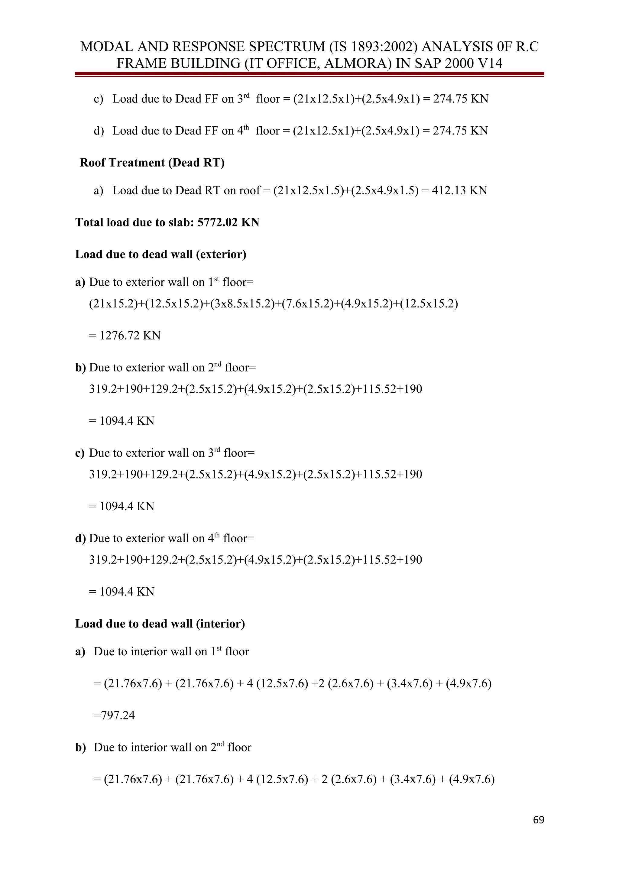 MODAL AND RESPONSE SPECTRUM (IS 1893:2002) ANALYSIS 0F R.C
FRAME BUILDING (IT OFFICE, ALMORA) IN SAP 2000 V14
c) Load due to Dead FF on 3rd
floor = (21x12.5x1)+(2.5x4.9x1) = 274.75 KN
d) Load due to Dead FF on 4th
floor = (21x12.5x1)+(2.5x4.9x1) = 274.75 KN
Roof Treatment (Dead RT)
a) Load due to Dead RT on roof = (21x12.5x1.5)+(2.5x4.9x1.5) = 412.13 KN
Total load due to slab: 5772.02 KN
Load due to dead wall (exterior)
a) Due to exterior wall on 1st
floor=
(21x15.2)+(12.5x15.2)+(3x8.5x15.2)+(7.6x15.2)+(4.9x15.2)+(12.5x15.2)
= 1276.72 KN
b) Due to exterior wall on 2nd
floor=
319.2+190+129.2+(2.5x15.2)+(4.9x15.2)+(2.5x15.2)+115.52+190
= 1094.4 KN
c) Due to exterior wall on 3rd
floor=
319.2+190+129.2+(2.5x15.2)+(4.9x15.2)+(2.5x15.2)+115.52+190
= 1094.4 KN
d) Due to exterior wall on 4th
floor=
319.2+190+129.2+(2.5x15.2)+(4.9x15.2)+(2.5x15.2)+115.52+190
= 1094.4 KN
Load due to dead wall (interior)
a) Due to interior wall on 1st
floor
= (21.76x7.6) + (21.76x7.6) + 4 (12.5x7.6) +2 (2.6x7.6) + (3.4x7.6) + (4.9x7.6)
=797.24
b) Due to interior wall on 2nd
floor
= (21.76x7.6) + (21.76x7.6) + 4 (12.5x7.6) + 2 (2.6x7.6) + (3.4x7.6) + (4.9x7.6)
69
 