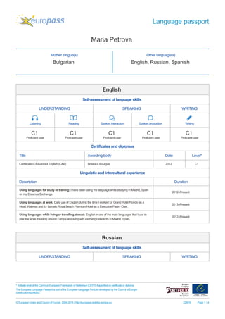 Language passport
Maria Petrova
Mother tongue(s) Other language(s)
Bulgarian English, Russian, Spanish
English
Self-assessment of language skills
UNDERSTANDING SPEAKING WRITING
Listening Reading Spoken interaction Spoken production Writing
C1
Proficient user
C1
Proficient user
C1
Proficient user
C1
Proficient user
C1
Proficient user
Certificates and diplomas
Title Awarding body Date Level*
Certificate of Advanced English (CAE) Britanica Bourgas 2012 C1
Linguistic and intercultural experience
Description Duration
Using languages for study or training: I have been using the language while studying in Madrid, Spain
on my Erasmus Exchange.
2012–Present
Using languages at work: Daily use of English during the time I worked for Grand Hotel Plovdiv as a
Head Waitress and for Barcelo Royal Beach Premium Hotel as a Executive Pastry Chef.
2013–Present
Using languages while living or travelling abroad: English in one of the main languages that I use to
practice while traveling around Europe and living with exchange students in Madrid, Spain.
2012–Present
Russian
Self-assessment of language skills
UNDERSTANDING SPEAKING WRITING
* Indicate level of the Common European Framework of Reference (CEFR) if specified on certificate or diploma.
The Europass Language Passport is part of the European Language Portfolio developed by the Council of Europe
(www.coe.int/portfolio).
© European Union and Council of Europe, 2004-2015 | http://europass.cedefop.europa.eu 22/6/16 Page 1 / 4
 