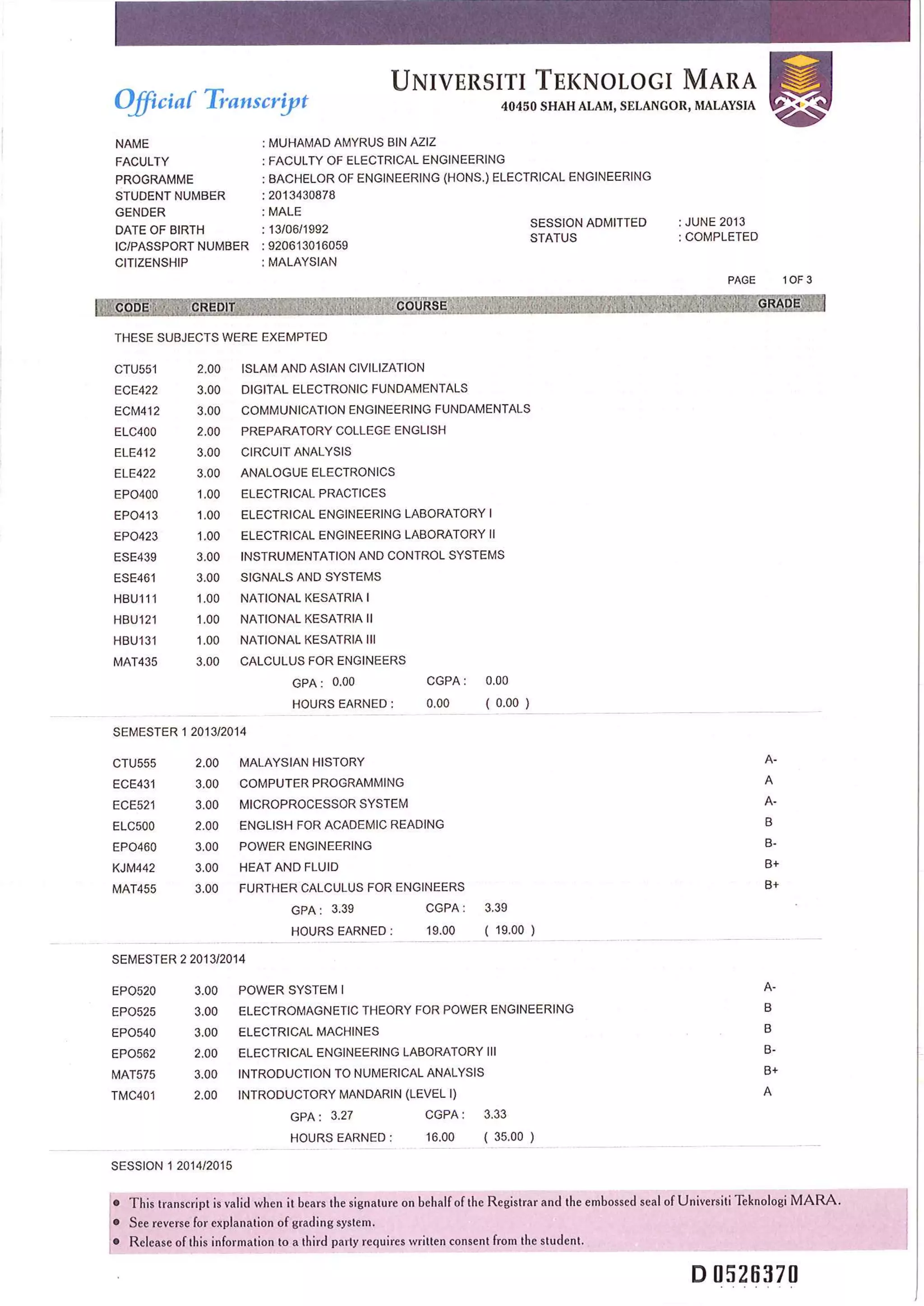 Degree Transcript