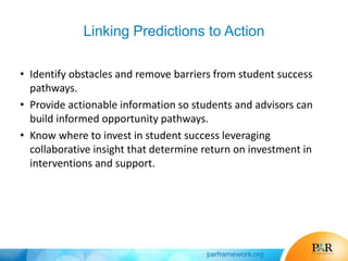 Linking Predictions to Action
• Identify obstacles and remove barriers from student success
pathways.
• Provide actionable information so students and advisors can
build informed opportunity pathways.
• Know where to invest in student success leveraging
collaborative insight that determine return on investment in
interventions and support.
 