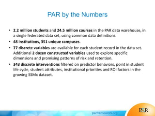 PAR by the Numbers
• 2.2 million students and 24.5 million courses in the PAR data warehouse, in
a single federated data set, using common data definitions.
• 48 institutions, 351 unique campuses.
• 77 discrete variables are available for each student record in the data set.
Additional 2 dozen constructed variables used to explore specific
dimensions and promising patterns of risk and retention.
• 343 discrete interventions filtered on predictor behaviors, point in student
life cycle, student attributes, institutional priorities and ROI factors in the
growing SSMx dataset.
 