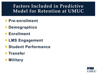  Pre-enrollment
 Demographics
 Enrollment
 LMS Engagement
 Student Performance
 Transfer
 Military
Factors Included in Predictive
Model for Retention at UMUC
 
