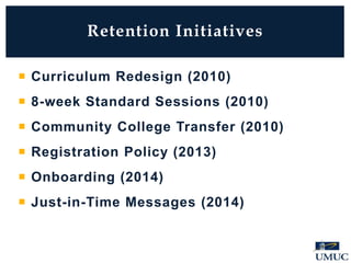  Curriculum Redesign (2010)
 8-week Standard Sessions (2010)
 Community College Transfer (2010)
 Registration Policy (2013)
 Onboarding (2014)
 Just-in-Time Messages (2014)
Retention Initiatives
 