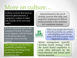 More on culture…
Senior management typically
develops brand strategy while
the actual brand experience is
most often deliv...
