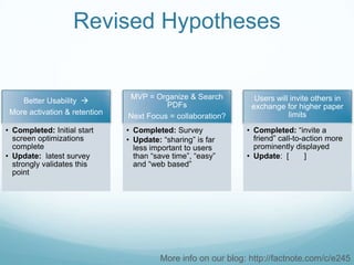 Revised Hypotheses


                               MVP = Organize & Search          Users will invite others in
    Bette...