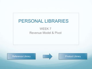 PERSONAL LIBRARIES	 WEEK 7 Revenue Model & Pivot Reference Library Product Library 