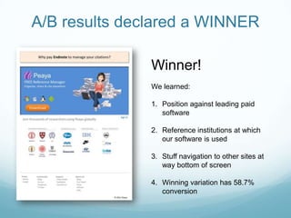 A/B results declared a WINNERWinner!We learned: Position against leading paid softwareReference institutions at which our software is usedStuff navigation to other sites at way bottom of screenWinning variation has 58.7% conversion