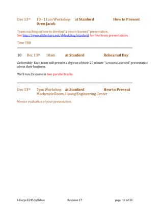 I-Corps E245 Syllabus Revision 17 page 18 of 33
Dec 13th 10 - 11am Workshop at Stanford Howto Present
Oren Jacob
Team coaching on how to develop “a lesson-learned” presentation.
See http://www.slideshare.net/sblank/tag/stanford for final team presentations.
Time TBD
10 Dec 13th 10am at Stanford Rehearsal Day
Deliverable: Each team will present a dry run of their 20 minute “Lessons Learned” presentation
about their business.
We’ll run 25 teams in two parallel tracks.
Dec 13th 7pm Workshop at Stanford Howto Present
MackenzieRoom, HuangEngineeringCenter
Mentor evaluation of your presentation.
 