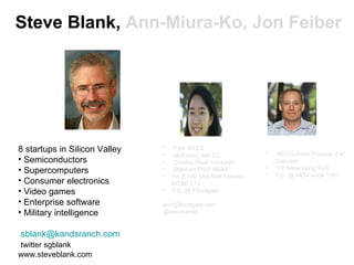 Steve Blank,  Ann-Miura-Ko, Jon Feiber 8 startups in Silicon Valley Semiconductors Supercomputers Consumer electronics Video games Enterprise software Military intelligence [email_address] twitter sgblank www.steveblank.com Yale BS EE McKinsey and Co. Charles River Ventures Stanford Ph.D MS&E TA: E145, Mayfield Fellows, MS&E 273 V.C. @ Floodgate [email_address] @annimaniac BS CS/Astro Physics U of Colorado VP Networking SUN V.C. @ MDV since 1991 