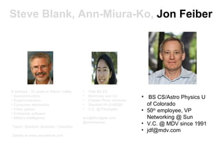 Steve Blank, Ann-Miura-Ko,  Jon Feiber 8 startups - 32 years in Silicon Valley Semiconductors Supercomputers Consumer electronics Video games Enterprise software Military intelligence Teach: Stanford, Berkeley, Columbia Details at www.steveblank.com Yale BS EE McKinsey and Co. Charles River Ventures Stanford Ph.D MS&E V.C. @ Floodgate [email_address] @annimaniac BS CS/Astro Physics U of Colorado 50 th  employee, VP Networking @ Sun V.C. @ MDV since 1991 [email_address] 