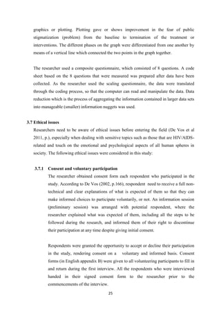 25
graphics or plotting. Plotting gave or shows improvement in the fear of public
stigmatization (problem) from the baseline to termination of the treatment or
interventions. The different phases on the graph were differentiated from one another by
means of a vertical line which connected the two points in the graph together.
The researcher used a composite questionnaire, which consisted of 8 questions. A code
sheet based on the 8 questions that were measured was prepared after data have been
collected. As the researcher used the scaling questionnaire, the data were translated
through the coding process, so that the computer can read and manipulate the data. Data
reduction which is the process of aggregating the information contained in larger data sets
into manageable (smaller) information nuggets was used.
3.7 Ethical issues
Researchers need to be aware of ethical issues before entering the field (De Vos et al
2011, p.), especially when dealing with sensitive topics such as those that are HIV/AIDS-
related and touch on the emotional and psychological aspects of all human spheres in
society. The following ethical issues were considered in this study:
3.7.1 Consent and voluntary participation
The researcher obtained consent form each respondent who participated in the
study. According to De Vos (2002, p.166), respondent need to receive a full non-
technical and clear explanations of what is expected of them so that they can
make informed choices to participate voluntarily, or not. An information session
(preliminary session) was arranged with potential respondent, where the
researcher explained what was expected of them, including all the steps to be
followed during the research, and informed them of their right to discontinue
their participation at any time despite giving initial consent.
Respondents were granted the opportunity to accept or decline their participation
in the study, rendering consent on a voluntary and informed basis. Consent
forms (in English appendix B) were given to all volunteering participants to fill in
and return during the first interview. All the respondents who were interviewed
handed in their signed consent form to the researcher prior to the
commencements of the interview.
 