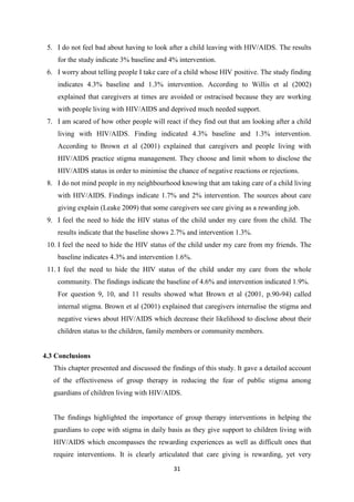 31
5. I do not feel bad about having to look after a child leaving with HIV/AIDS. The results
for the study indicate 3% baseline and 4% intervention.
6. I worry about telling people I take care of a child whose HIV positive. The study finding
indicates 4.3% baseline and 1.3% intervention. According to Willis et al (2002)
explained that caregivers at times are avoided or ostracised because they are working
with people living with HIV/AIDS and deprived much needed support.
7. I am scared of how other people will react if they find out that am looking after a child
living with HIV/AIDS. Finding indicated 4.3% baseline and 1.3% intervention.
According to Brown et al (2001) explained that caregivers and people living with
HIV/AIDS practice stigma management. They choose and limit whom to disclose the
HIV/AIDS status in order to minimise the chance of negative reactions or rejections.
8. I do not mind people in my neighbourhood knowing that am taking care of a child living
with HIV/AIDS. Findings indicate 1.7% and 2% intervention. The sources about care
giving explain (Leake 2009) that some caregivers see care giving as a rewarding job.
9. I feel the need to hide the HIV status of the child under my care from the child. The
results indicate that the baseline shows 2.7% and intervention 1.3%.
10. I feel the need to hide the HIV status of the child under my care from my friends. The
baseline indicates 4.3% and intervention 1.6%.
11. I feel the need to hide the HIV status of the child under my care from the whole
community. The findings indicate the baseline of 4.6% and intervention indicated 1.9%.
For question 9, 10, and 11 results showed what Brown et al (2001, p.90-94) called
internal stigma. Brown et al (2001) explained that caregivers internalise the stigma and
negative views about HIV/AIDS which decrease their likelihood to disclose about their
children status to the children, family members or community members.
4.3 Conclusions
This chapter presented and discussed the findings of this study. It gave a detailed account
of the effectiveness of group therapy in reducing the fear of public stigma among
guardians of children living with HIV/AIDS.
The findings highlighted the importance of group therapy interventions in helping the
guardians to cope with stigma in daily basis as they give support to children living with
HIV/AIDS which encompasses the rewarding experiences as well as difficult ones that
require interventions. It is clearly articulated that care giving is rewarding, yet very
 