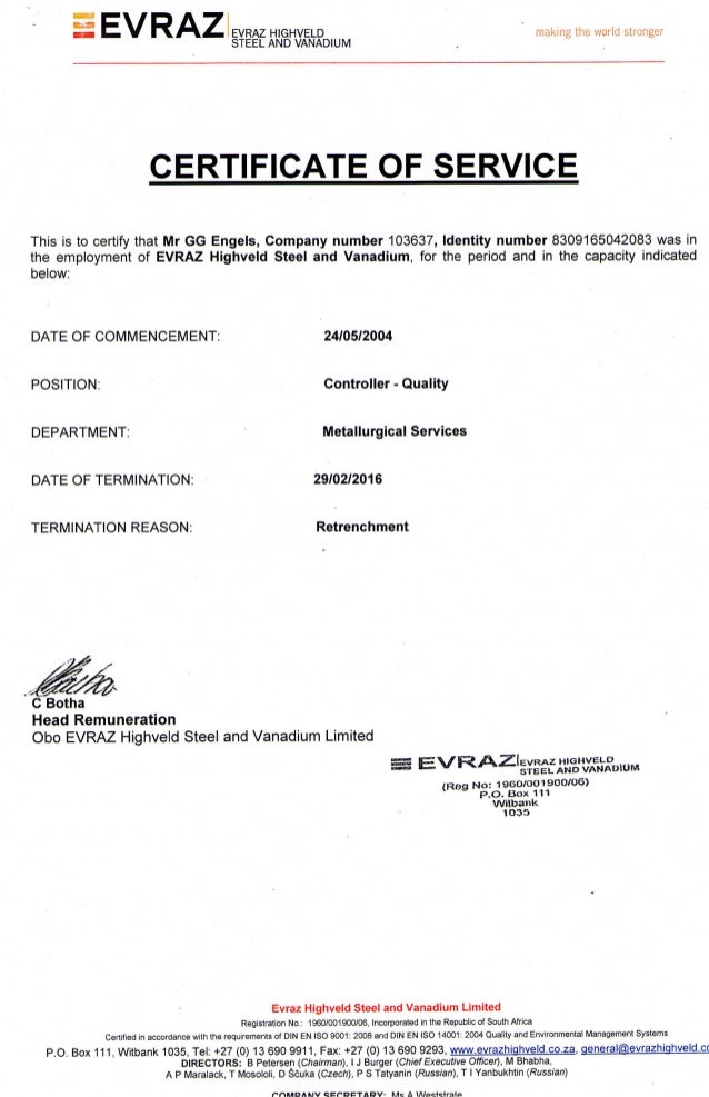 Certificate of Service - Retrenchment