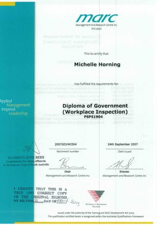 M Horning - Diploma of Govt (Workplace Inspection)
