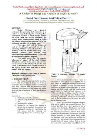Snehal Patel, Sumant Patel, Jigar Patel / International Journal of Engineering Research and
                   Applications (IJERA) ISSN: 2248-9622 www.ijera.com
                     Vol. 2, Issue 5, September- October 2012, pp.018-022
           A Review on Design and Analysis of Bucket Elevator
                      Snehal Patel*, Sumant Patel**,Jigar Patel***
                *, *** (Research Scholar, Department of Mechanical, Ganpat University, India
                 ** (Assistant Professor, Department of Mechanical, Ganpat University, India


ABSTRACT
         Bucket      Elevators     are    powered
equipment for conveying bulk materials in a
vertical or steep inclined path, consisting of an
endless belt, or chain to which metallic buckets
are fixed. With the flexible belt/chain, the
buckets move unidirectionally within a casing
and collects bulk materials at bottom end of the
equipment and delivers it at the top end.
         This paper deals with the design and
analysis of different parts of elevator for
conveying different types of materials. The
modeling of bucket elevator done using solid
modeling software and analyzed using
conventional finite element software (Ansys) and
stresses and deflections are obtained.
         This study shows that the negative
influences of support of the shaft reflected
through the increase in the stress concentration
and occurence of the initial crack are the main
causes of the shaft fracture which is occurred at
the keyway of the shaft and zone of contact
between shaft and gearbox.

Keywords - Bucket Elevator, Material Handling
                                                          Figure 1     Schematic     Diagram Of        Bucket
Equipment, Stress Concentration
                                                         Elevator
I. INTRODUCTION                                                    A bucket elevator can elevate a variety of
         The bucket elevator is probably the oldest      bulk materials from light to heavy and from fine to
known form of conveyor, Its history can be traced        large lumps. A centrifugal discharge elevator may
back to the days of Babylon where wicker baskets         be vertical or inclined. Vertical elevators depend
lined with a natural pitch and fastened to ropes         entirely on the action of centrifugal force to get the
operating over wooden sheaves turned by slaves,          material into the discharge chute and must be run at
were used for the elevating of water into irrigation     speeds relatively high. Inclined elevators with
ditches.                                                 buckets spaced apart or set close together may have
                                                         the discharge chute set partly under the head pulley.
It consists of:                                          Since they don't depend entirely on the centrifugal
     1) Buckets to contain the material;                 force to put the material into the chute, the speed
     2) A belt to carry the buckets and transmit the     may be relatively lower.
          pull;                                                    Nearly all centrifugal discharge elevators
     3) Means to drive the belt;                         have spaced buckets with rounded bottoms. They
     4) Accessories for loading the buckets or           pick up their load from a boot, a pit, or a pile of
          picking up the material, for receiving the     material at the foot pulley. The buckets can be also
          discharged material, for maintaining the       triangular in cross section and set close to on the
          belt tension and for enclosing and             belt with little or no clearance between them. This is
          protecting the elevator as shown in fig 1      a continuous bucket elevator. Its main use is to carry
                                                         difficult materials at slow speed. Early bucket
                                                         elevators used a flat chain with small, steel buckets
                                                         attached every few inches. Current construction uses
                                                         a rubber belt with plastic buckets. Pulleys several
                                                         feet in diameter are used at the top and bottom. The


                                                                                                 18 | P a g e
 