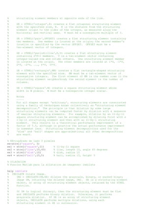 % structuring element members at opposite ends of the line. 
% 
% SE = STREL('octagon',R) creates a flat octagonal structuring element 
% with the specified size, R. R is the distance from the structuring 
% element origin to the sides of the octagon, as measured along the 
% horizontal and vertical axes. R must be a nonnegative multiple of 3. 
% 
% SE = STREL('pair',OFFSET) creates a flat structuring element containing 
% two members. One member is located at the origin; the second member's 
% location is specified by the vector OFFSET. OFFSET must be a 
% two-element vector of integers. 
% 
% SE = STREL('periodicline',P,V) creates a flat structuring element 
% containing 2*P+1 members. V is a two-element vector containing 
% integer-valued row and column offsets. One structuring element member 
% is located at the origin. The other members are located at 1*V, -1*V, 
% 2*V, -2*V, ..., P*V, -P*V. 
% 
% SE = STREL('rectangle',MN) creates a flat rectangle-shaped structuring 
% element with the specified size. MN must be a two-element vector of 
% nonnegative integers. The first element of MN is the number rows in the 
% structuring element neighborhood; the second element is the number of 
% columns. 
% 
% SE = STREL('square',W) creates a square structuring element whose 
% width is W pixels. W must be a nonnegative integer scalar. 
% 
% Notes 
% ----- 
% For all shapes except 'arbitrary', structuring elements are constructed 
% using a family of techniques known collectively as "structuring element 
% decomposition." The principle is that dilation by some large 
% structuring elements can be computed faster by dilation with a sequence 
% of smaller structuring elements. For example, dilation by an 11-by-11 
% square structuring element can be accomplished by dilating first with a 
% 1-by-11 structuring element and then with an 11-by-1 structuring 
% element. This results in a theoretical performance improvement of a 
% factor of 5.5, although in practice the actual performance improvement 
% is somewhat less. Structuring element decompositions used for the 
% 'disk' and 'ball' shapes are approximations; all other decompositions 
% are exact. 
% EE=cuadrado de lado 3 pixeles 
ee=strel('square', 3) 
ee1 = strel('square',11) % 11-by-11 square 
ee2 = strel('line',10,45) % line, length 10, angle 45 degrees 
ee3 = strel('disk',10) % disk, radius 10 
ee4 = strel('ball',15,5) % ball, radius 15, height 5 
% DILATACION 
% Funcion Matlab para la dilatacion de imagenes: imdilate 
help imdilate 
% IMDILATE Dilate image. 
% IM2 = IMDILATE(IM,SE) dilates the grayscale, binary, or packed binary 
% image IM, returning the dilated image, IM2. SE is a structuring element 
% object, or array of structuring element objects, returned by the STREL 
% function. 
% 
% If IM is logical (binary), then the structuring element must be flat 
% and IMDILATE performs binary dilation. Otherwise, it performs 
% grayscale dilation. If SE is an array of structuring element 
% objects, IMDILATE performs multiple dilations, using each 
% structuring element in SE in succession. 
 