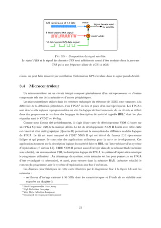 Fig. QFS ! gomposition du sign—l s—telliteF
Le signal PRN et le signal des données GPS sont additionnés avant d'être modulés dans la porteuse
GPS qui a une fréquence allant de 1GHz à 2GHz
™onnuD on peut f—ire ressortir p—r ™orrél—tion l9inform—tion q€ƒ ™ir™ul—nt d—ns le sign—l pseudoE˜ruitéF
3.4 Microcontrôleur
…n mi™ro™ontrôleur est un ™ir™uit intégré ™omposé génér—lement d9un mi™ropro™esseur et d9—utres
™ompos—nts tels que de l— mémoire et d9—utres périphériquesF
ves mi™ro™ontrôleurs utilisés d—ns les systèmes em˜—rqués du télés™ope de l9ssri sont ™omposésD à l—
di'éren™e de l— dé(nition pré™édenteD d9un p€qe6 en lieu et pl—™e d9un mi™ropro™esseurF ves p€qe9s
sont des ™ir™uits logiques reprogr—mm—˜les sur siteF v— logique de fon™tionnement de ™es ™ir™uits se dé(nit
d—ns des progr—mmes é™rits d—ns des l—ng—ges de des™ription de m—tériel —ppelés rhv7 dont les plus
rép—ndus sont le †rhv8 et †erilogF
gomme nous l9—vons ™ité pré™édemmentD il s9—git d9une ™—rte de développement xsyƒ ss ˜—sée sur
un p€qe gy™lone I™PH de l— m—rque elter—F ve kit de développement xsyƒ ss fourni —ve™ ™ette ™—rte
est ™onstitué d9un outil gr—phique @u—rtus ssA permett—nt l— ™on™eption des di'érents modules logiques
du p€qeF ve kit est —ussi ™omposé de l9shi9 xsyƒ ss qui est dérivé du f—meux shi openEsour™e
i™lipse et qui permet de ™onstruire des —ppli™—tions utilis—teur pour l— ™—rte de développementF ges
—ppli™—tions tournent sur l— des™ription logique du m—tériel f—ite en rhv vi— l9intermédi—ire d9un système
d9exploit—tion @™fF se™tion QFSAF v9shi xsyƒ ss permet —ussi d9envoyer d—ns de l— mémoire )—sh @mémoire
non vol—tileAD vi— un ™onne™teur …ƒfD l— des™ription logique du p€qeD le système d9exploit—tion —insi que
le progr—mme utilis—teur F eu dém—rr—ge du systèmeD ™ette mémoire est lue pour permettre —u p€qe
d9être re™on(guré @si né™ess—ireAD et —ussiD pour envoyer d—ns l— mémoire ‚ew @mémoire vol—tileA le
™ontenu du progr—mme —ve™ le système d9exploit—tion —ux (ns d9exé™utionF
ves diverses ™—r—™téristiques de ™ette ™—rte illustrées p—r le di—gr—mme ˜lo™ à l— (gure QFT sont les
suiv—ntes X
! os™ill—teur d9horloge ™—den™é à SH wrz dont les ™—r—™téristiques et l9étude de s— st—˜ilité sont
exposées —u ™h—pitre SF
6Field Programmable Gate Array
7High Denition Language
8Very High Denition Language
9Integrated Development Environment
PP
 