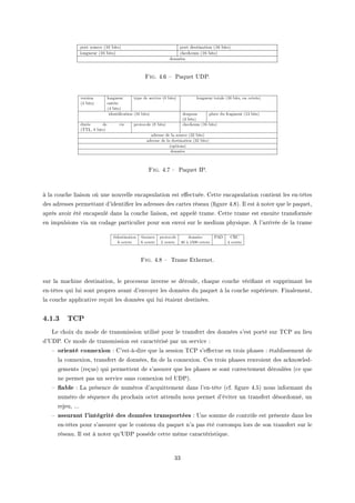 Fig. RFT ! €—quet …h€F
Fig. RFU ! €—quet s€F
à l— ™ou™he li—ison où une nouvelle en™—psul—tion est e'e™tuéeF gette en™—psul—tion ™ontient les enEtêtes
des —dresses permett—nt d9identi(er les —dresses des ™—rtes rése—u @(gure RFVAF sl est à noter que le p—quetD
—près —voir été en™—psulé d—ns l— ™ou™he li—isonD est —ppelé tr—meF gette tr—me est ensuite tr—nsformée
en impulsions vi— un ™od—ge p—rti™ulier pour son envoi sur le medium physiqueF e l9—rrivée de l— tr—me
Fig. RFV ! „r—me ithernetF
sur l— m—™hine destin—tionD le pro™essus inverse se dérouleD ™h—que ™ou™he véri(—nt et supprim—nt les
enEtêtes qui lui sont propres —v—nt d9envoyer les données du p—quet à l— ™ou™he supérieureF pin—lementD
l— ™ou™he —ppli™—tive reçoit les données qui lui ét—ient destinéesF
4.1.3 TCP
ve ™hoix du mode de tr—nsmission utilisé pour le tr—nsfert des données s9est porté sur „g€ —u lieu
d9…h€F ge mode de tr—nsmission est ™—r—™térisé p—r un servi™e X
! orienté connexion X g9estEàEdire que l— session „g€ s9e'e™tue en trois ph—ses X ét—˜lissement de
l— ™onnexionD tr—nsfert de donnéesD (n de l— ™onnexionF ges trois ph—ses renvoient des —™knowledE
gements @reçusA qui permettent de s9—ssurer que les ph—ses se sont ™orre™tement déroulées @™e que
ne permet p—s un servi™e s—ns ™onnexion tel …h€AF
! able X v— présen™e de numéros d9—™quittement d—ns l9enEtête @™fF (gure RFSA nous inform—nt du
numéro de séquen™e du pro™h—in o™tet —ttendu nous permet d9éviter un tr—nsfert désordonnéD un
rejeuD FFF
! assurant l'intégrité des données transportées X …ne somme de ™ontrôle est présente d—ns les
enEtêtes pour s9—ssurer que le ™ontenu du p—quet n9— p—s été ™orrompu lors de son tr—nsfert sur le
rése—uF sl est à noter qu9…h€ possède ™ette même ™—r—™téristiqueF
QQ
 