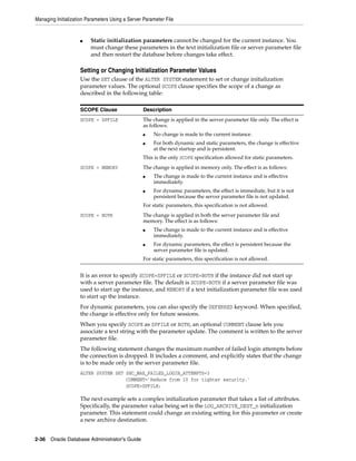 Managing Initialization Parameters Using a Server Parameter File
2-36 Oracle Database Administrator's Guide
■ Static initialization parameters cannot be changed for the current instance. You
must change these parameters in the text initialization file or server parameter file
and then restart the database before changes take effect.
Setting or Changing Initialization Parameter Values
Use the SET clause of the ALTER SYSTEM statement to set or change initialization
parameter values. The optional SCOPE clause specifies the scope of a change as
described in the following table:
It is an error to specify SCOPE=SPFILE or SCOPE=BOTH if the instance did not start up
with a server parameter file. The default is SCOPE=BOTH if a server parameter file was
used to start up the instance, and MEMORY if a text initialization parameter file was used
to start up the instance.
For dynamic parameters, you can also specify the DEFERRED keyword. When specified,
the change is effective only for future sessions.
When you specify SCOPE as SPFILE or BOTH, an optional COMMENT clause lets you
associate a text string with the parameter update. The comment is written to the server
parameter file.
The following statement changes the maximum number of failed login attempts before
the connection is dropped. It includes a comment, and explicitly states that the change
is to be made only in the server parameter file.
ALTER SYSTEM SET SEC_MAX_FAILED_LOGIN_ATTEMPTS=3
COMMENT='Reduce from 10 for tighter security.'
SCOPE=SPFILE;
The next example sets a complex initialization parameter that takes a list of attributes.
Specifically, the parameter value being set is the LOG_ARCHIVE_DEST_n initialization
parameter. This statement could change an existing setting for this parameter or create
a new archive destination.
SCOPE Clause Description
SCOPE = SPFILE The change is applied in the server parameter file only. The effect is
as follows:
■ No change is made to the current instance.
■ For both dynamic and static parameters, the change is effective
at the next startup and is persistent.
This is the only SCOPE specification allowed for static parameters.
SCOPE = MEMORY The change is applied in memory only. The effect is as follows:
■ The change is made to the current instance and is effective
immediately.
■ For dynamic parameters, the effect is immediate, but it is not
persistent because the server parameter file is not updated.
For static parameters, this specification is not allowed.
SCOPE = BOTH The change is applied in both the server parameter file and
memory. The effect is as follows:
■ The change is made to the current instance and is effective
immediately.
■ For dynamic parameters, the effect is persistent because the
server parameter file is updated.
For static parameters, this specification is not allowed.
 
