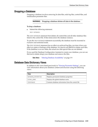 Database Data Dictionary Views
Creating and Configuring an Oracle Database 2-51
Dropping a Database
Dropping a database involves removing its data files, redo log files, control files, and
initialization parameter files.
To drop a database:
■ Submit the following statement:
DROP DATABASE;
The DROP DATABASE statement first deletes all control files and all other database files
listed in the control file. It then shuts down the database instance.
To use the DROP DATABASE statement successfully, the database must be mounted in
exclusive and restricted mode.
The DROP DATABASE statement has no effect on archived log files, nor does it have any
effect on copies or backups of the database. It is best to use RMAN to delete such files.
If the database is on raw disks, the actual raw disk special files are not deleted.
If you used the Database Configuration Assistant to create your database, you can use
that tool to delete (drop) your database and remove the files.
Database Data Dictionary Views
In addition to the views listed previously in "Viewing Parameter Settings", you can
view information about your database content and structure using the following
views:
WARNING: Dropping a database deletes all data in the database.
See Also: "Altering Database Availability" on page 3-9
View Description
DATABASE_PROPERTIES Displays permanent database properties
GLOBAL_NAME Displays the global database name
V$DATABASE Contains database information from the control file
 